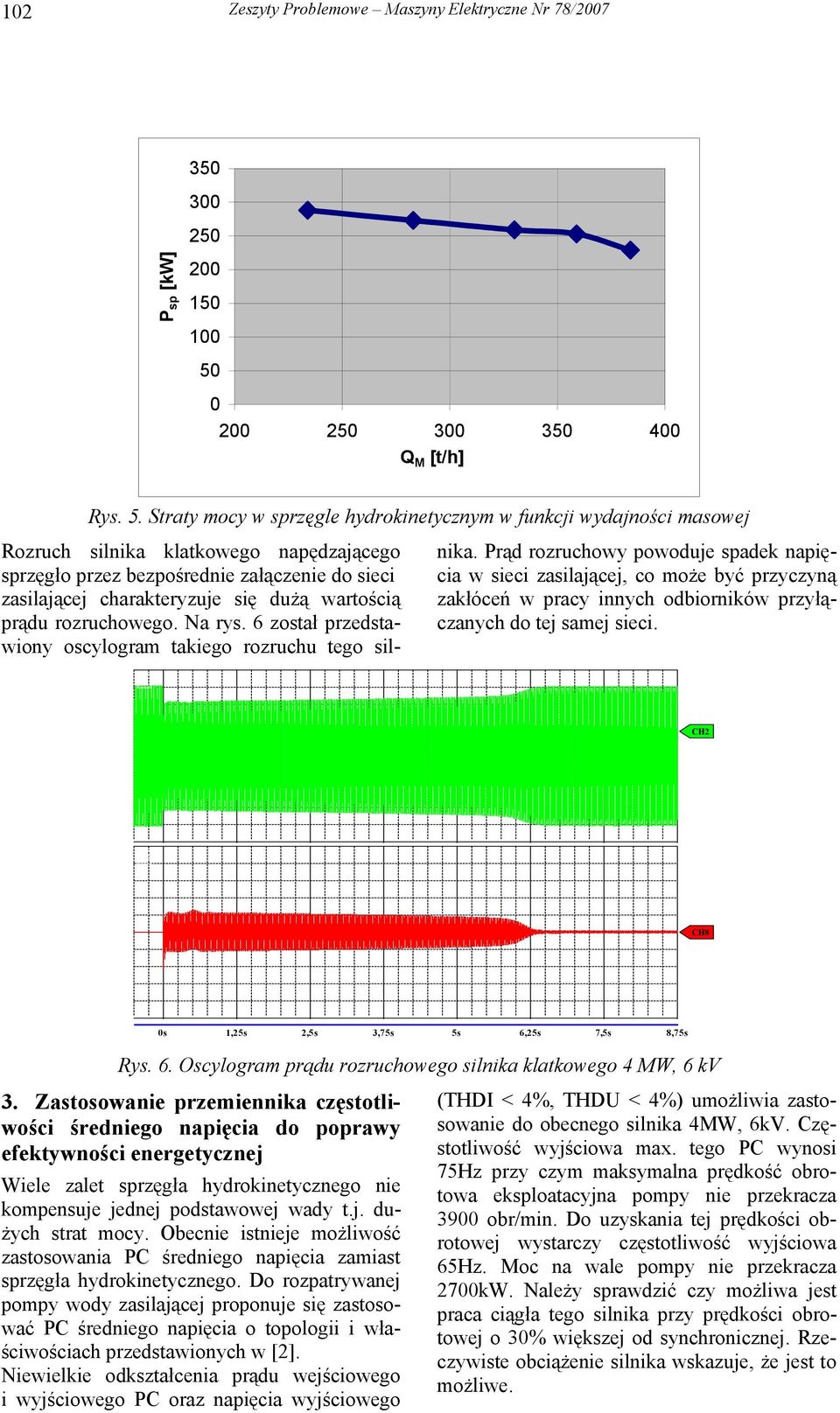 Straty mocy w sprzęgle hydrokinetycznym w funkcji wydajności masowej Rozruch silnika klatkowego napędzającego sprzęgło przez bezpośrednie załączenie do sieci zasilającej charakteryzuje się dużą