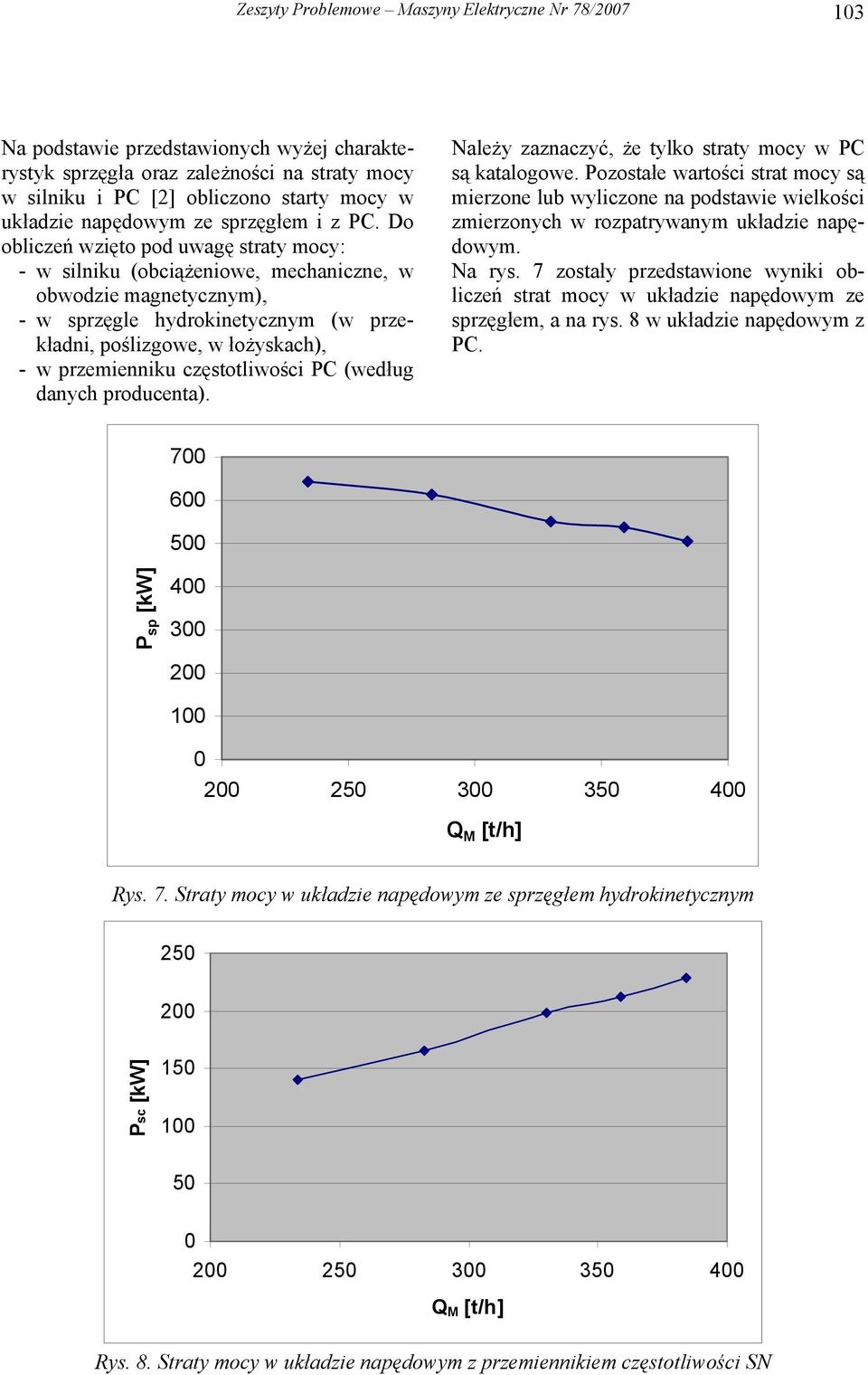 Do obliczeń wzięto pod uwagę straty mocy: - w silniku (obciążeniowe, mechaniczne, w obwodzie magnetycznym), - w sprzęgle hydrokinetycznym (w przekładni, poślizgowe, w łożyskach), - w przemienniku