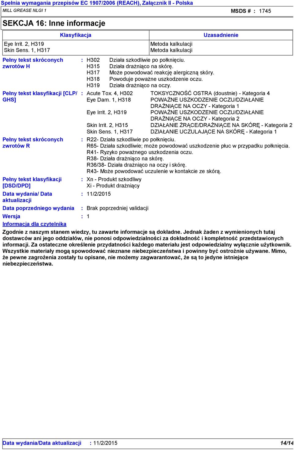 Klasyfikacja Pełny tekst klasyfikacji [CLP/ GHS] H302 H315 H317 H318 H319 Xn Produkt szkodliwy Xi Produkt drażniący 11/2/2015 Brak poprzedniej validacji 1 Metoda kalkulacji Metoda kalkulacji Działa