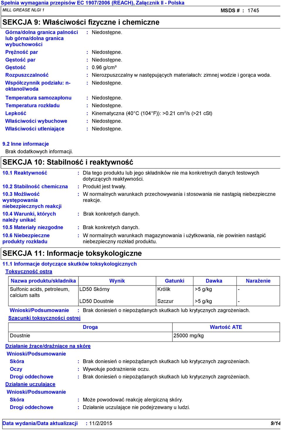 Temperatura samozapłonu Temperatura rozkładu Lepkość Kinematyczna (40 C (104 F)) >0.21 cm 2 /s (>21 cst) Właściwości wybuchowe Właściwości utleniające 9.2 Inne informacje Brak dodatkowych informacji.
