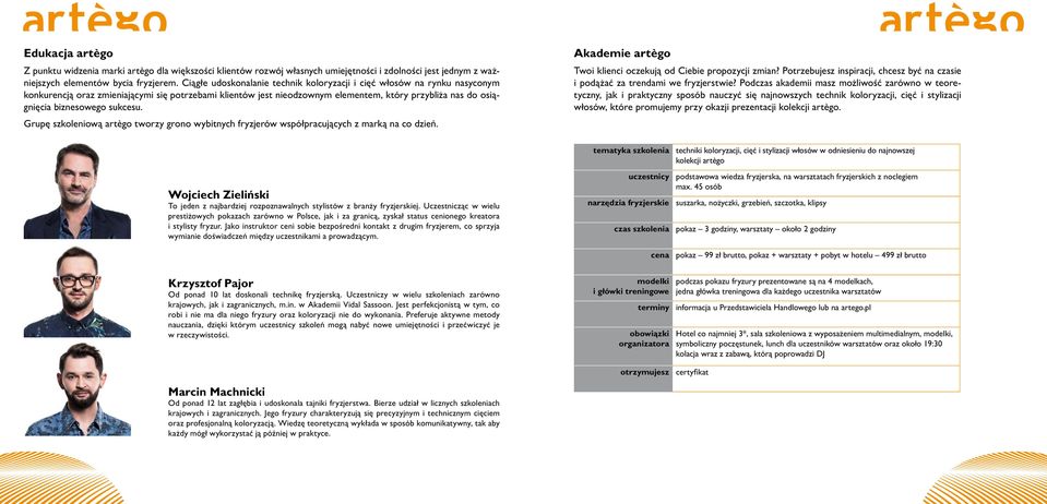 biznesowego sukcesu. Grupę szkoleniową artègo tworzy grono wybitnych fryzjerów współpracujących z marką na co dzień. akademie artègo Twoi klienci oczekują od Ciebie propozycji zmian?
