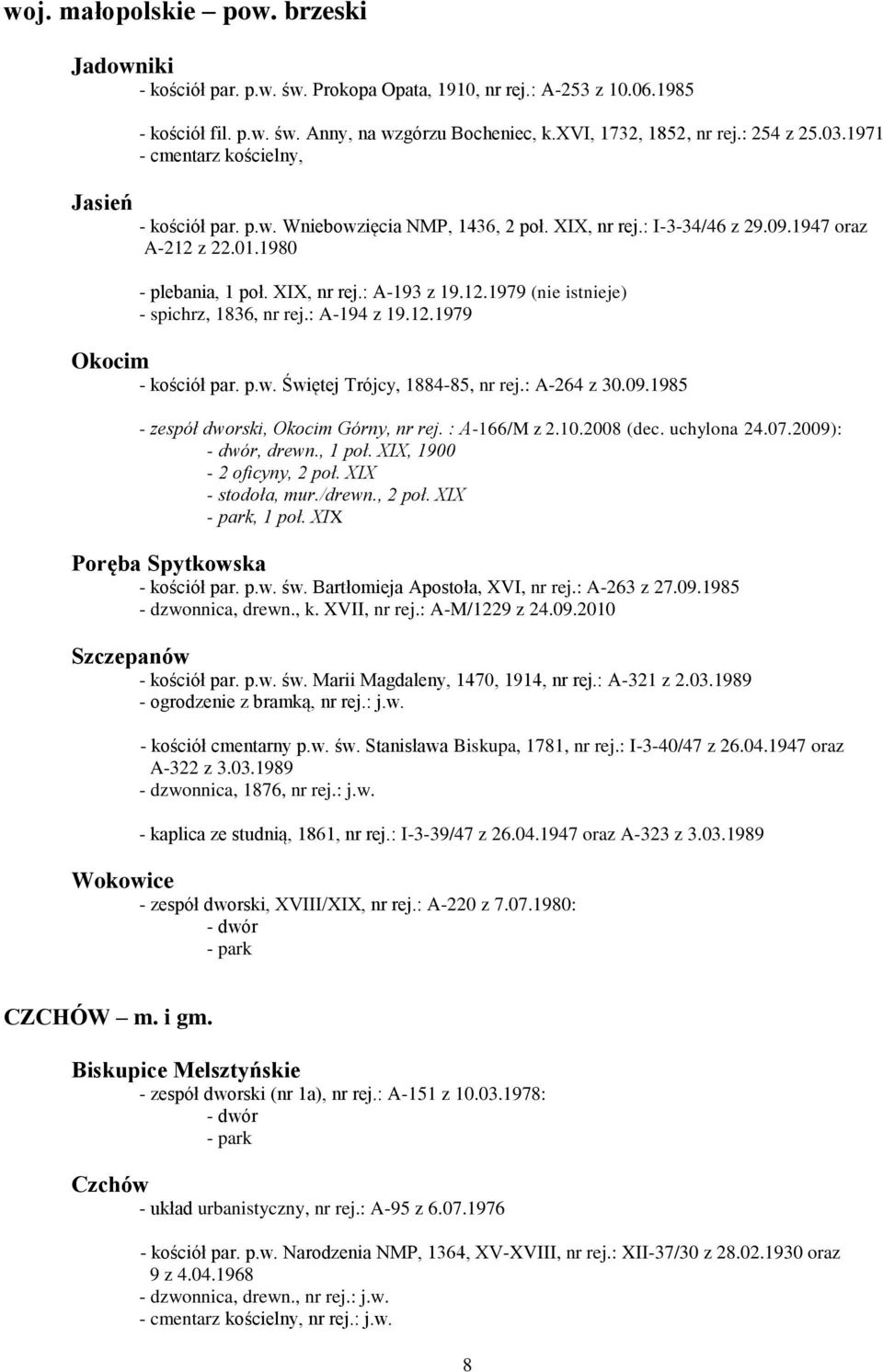 12.1979 (nie istnieje) - spichrz, 1836, nr rej.: A-194 z 19.12.1979 Okocim - kościół par. p.w. Świętej Trójcy, 1884-85, nr rej.: A-264 z 30.09.1985 - zespół dworski, Okocim Górny, nr rej.