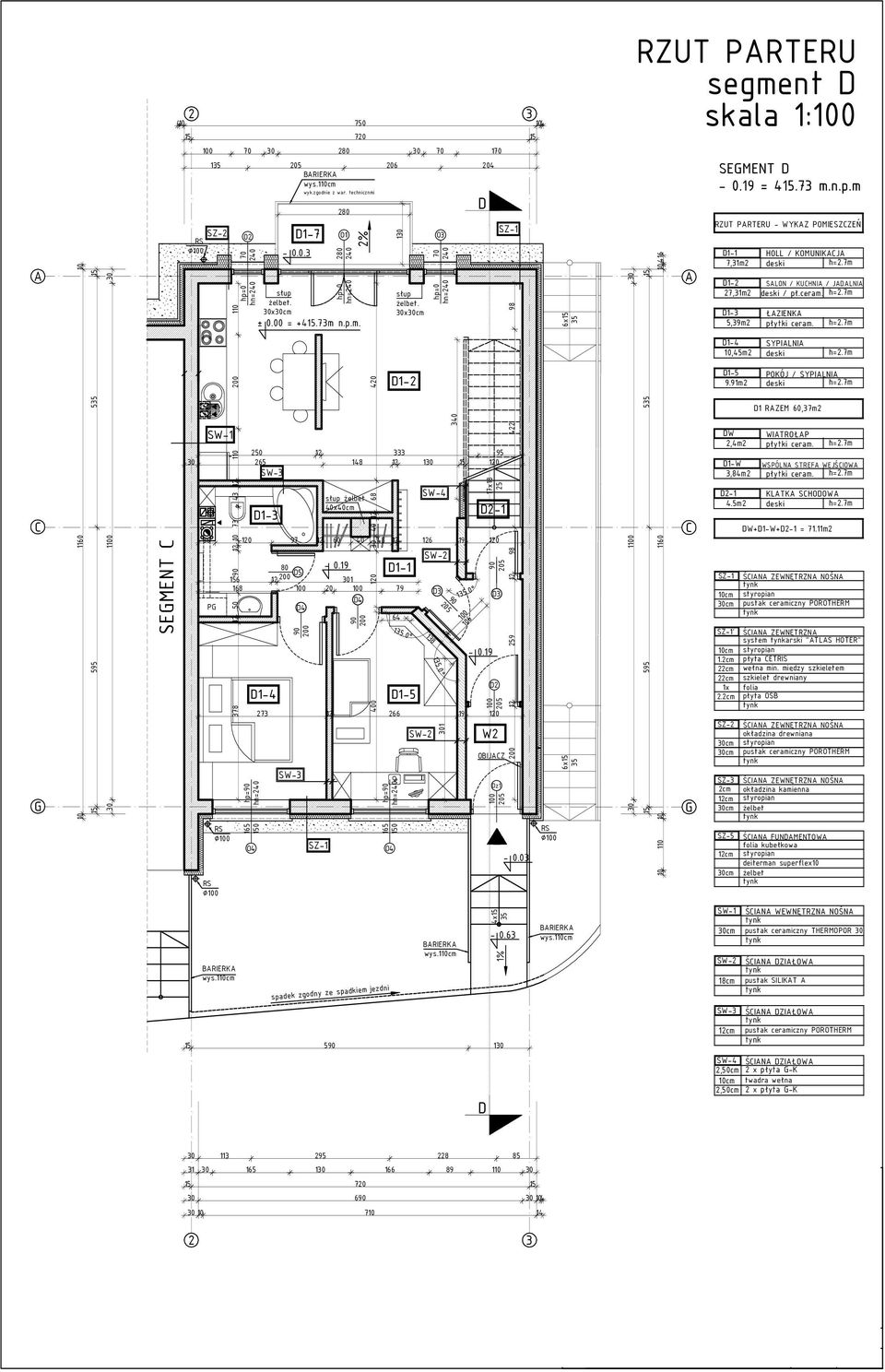 03 6x 6x 10 RZUT PRTRU segment skala 1:0 1 11 416 SMNT - 0.19 = 4.73 m.n.p.m RZUT PRTRU - WYKZ POMISZZŃ 1-1 7,31m2 1-2 27,31m2 1-3 5,39m2 1-4,45m2 1-5 9.