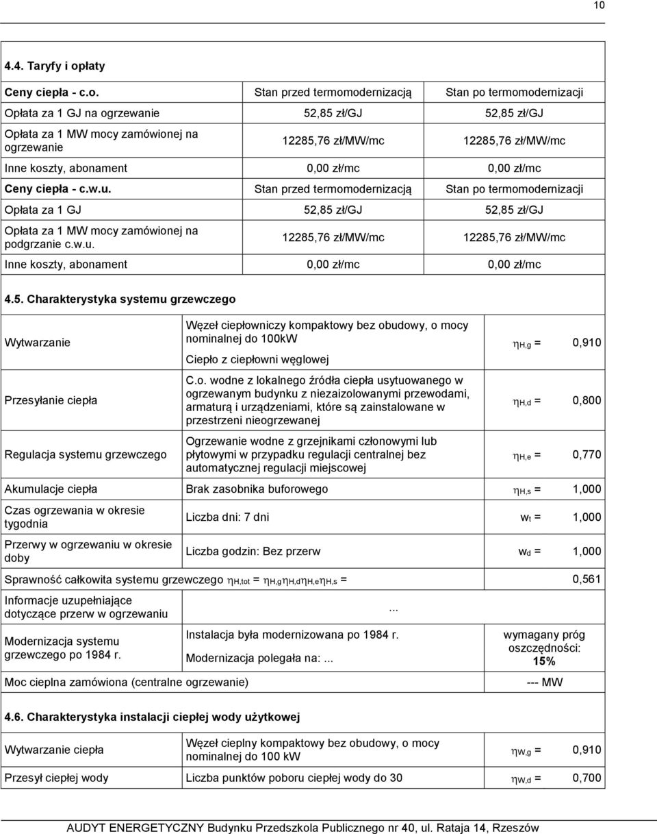 Stan przed termomodernizacją Stan po termomodernizacji Opłata za 1 GJ na ogrzewanie 52,85 zł/gj 52,85 zł/gj Opłata za 1 MW mocy zamówionej na ogrzewanie 12285,76 zł/mw/mc 12285,76 zł/mw/mc Inne