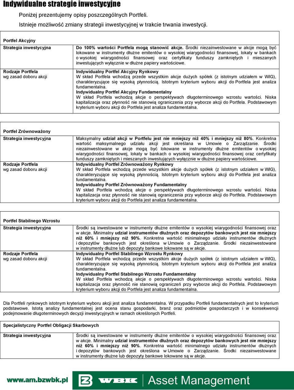 Środki niezainwestowane w akcje mogą być lokowane w instrumenty dłużne emitentów o wysokiej wiarygodności finansowej, lokaty w bankach o wysokiej wiarygodności finansowej oraz certyfikaty funduszy