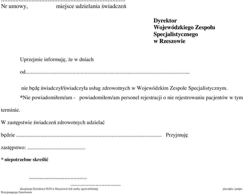 *Nie powiadomiłem/am - powiadomiłem/am personel rejestracji o nie rejestrowaniu pacjentów w tym terminie.