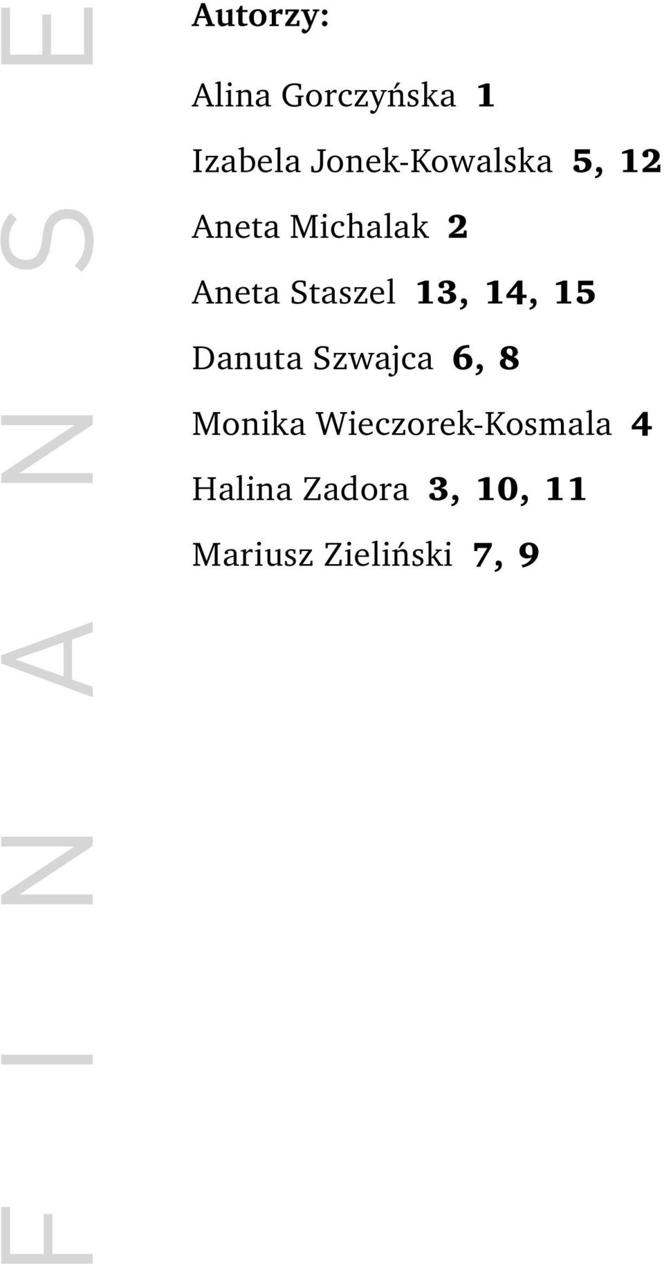 Staszel 13, 14, 15 Danuta Szwajca 6, 8 Monika