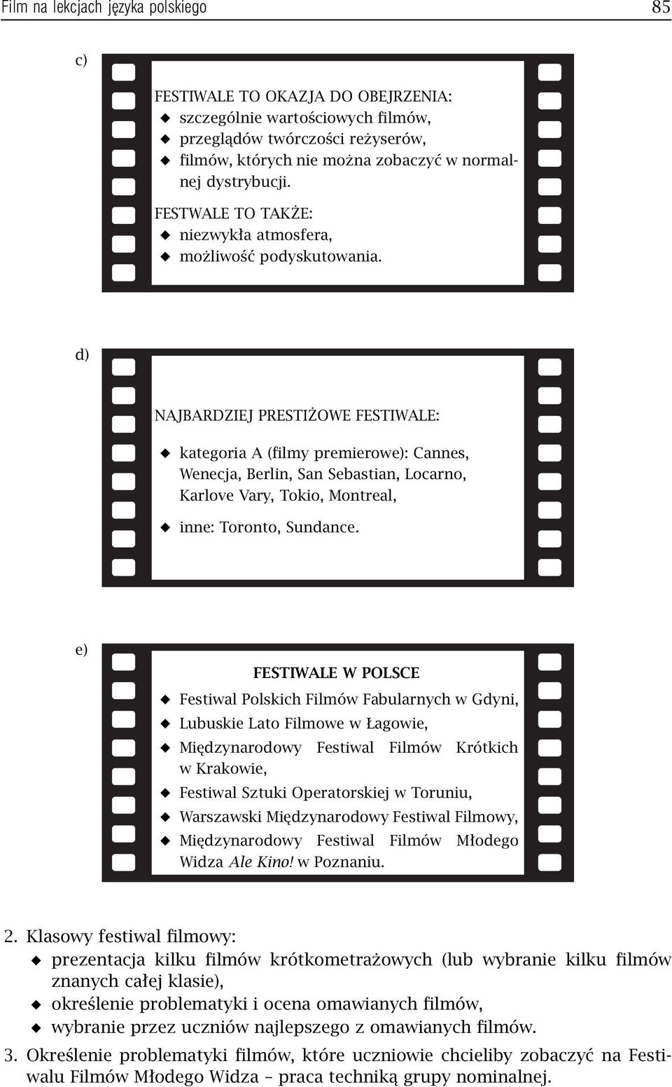 d) NAJBARDZIEJ PRESTIŻOWE FESTIWALE: kategoria A (filmy premierowe): Cannes, Wenecja, Berlin, San Sebastian, Locarno, Karlove Vary, Tokio, Montreal, inne: Toronto, Sundance.