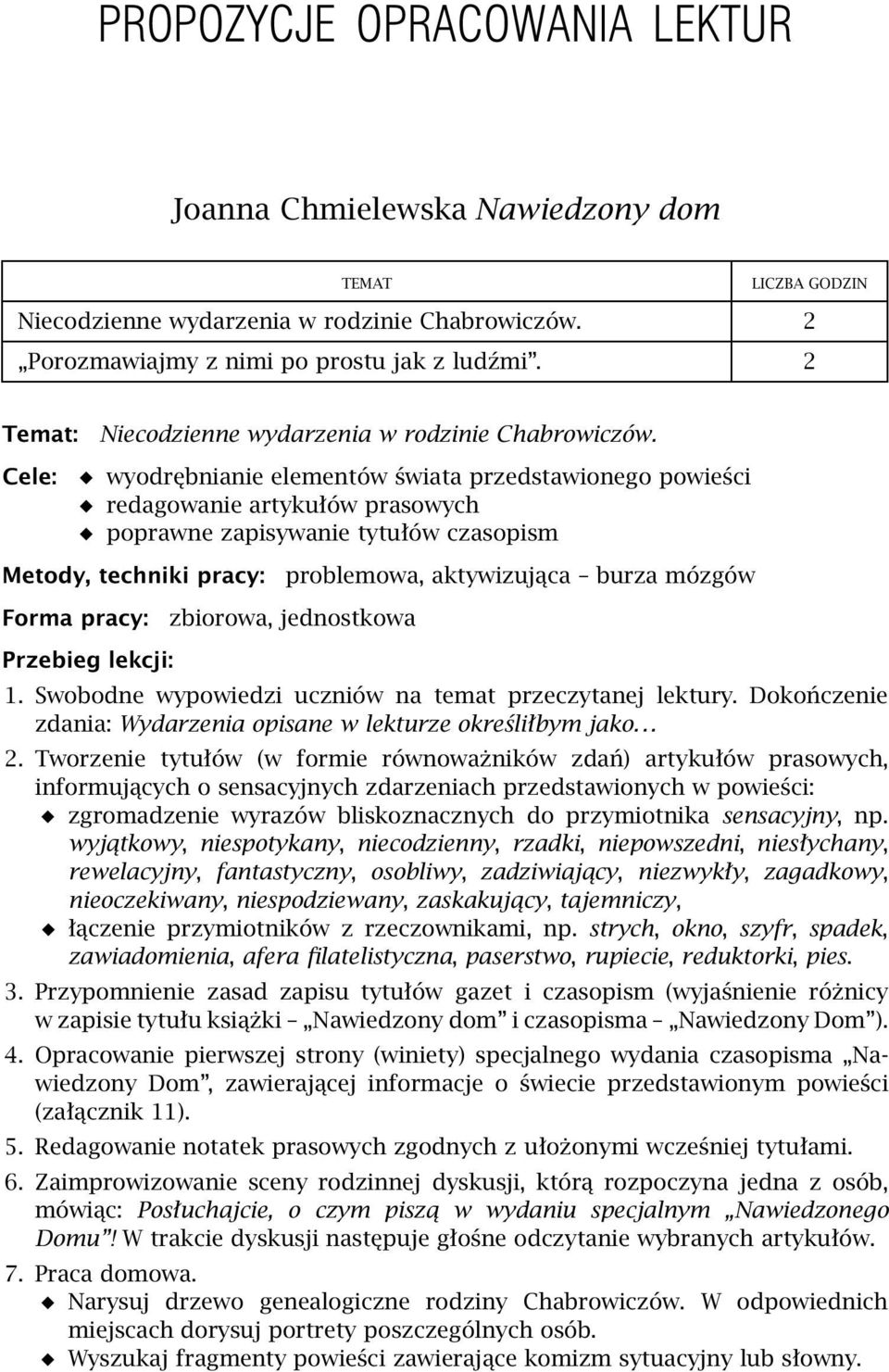 wyodrębnianie elementów świata przedstawionego powieści redagowanie artykułów prasowych poprawne zapisywanie tytułów czasopism Metody, techniki pracy: Forma pracy: Przebieg lekcji: