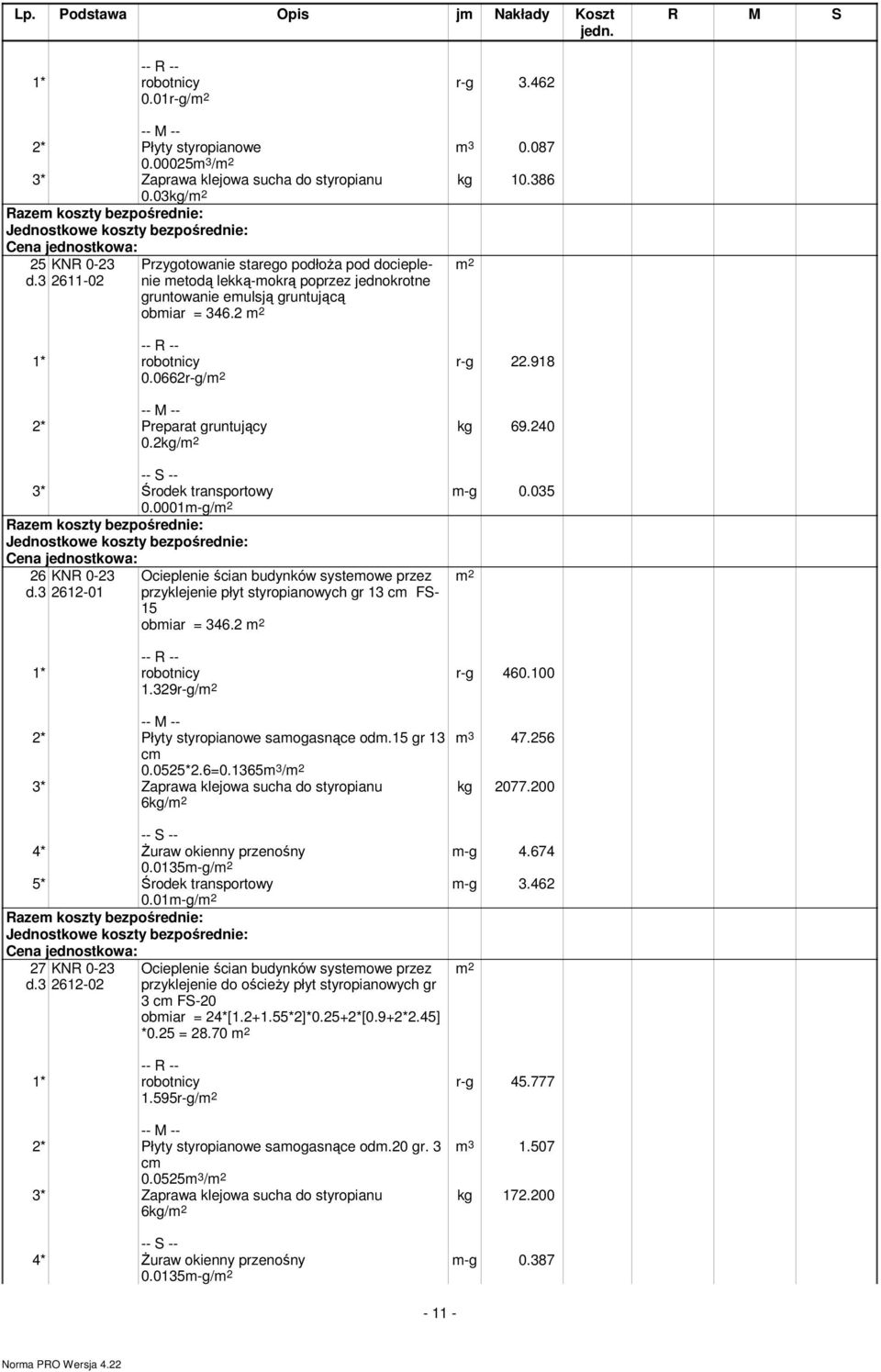 2kg/ kg 69.240 -g 0.035 3* Środek transportowy 0.0001-g/ 26 d.3 KNR 0-23 2612-01 Ocieplenie ścian budynków systeowe przez przyklejenie płyt styropianowych gr 13 c FS- 15 obiar = 346.2 1.