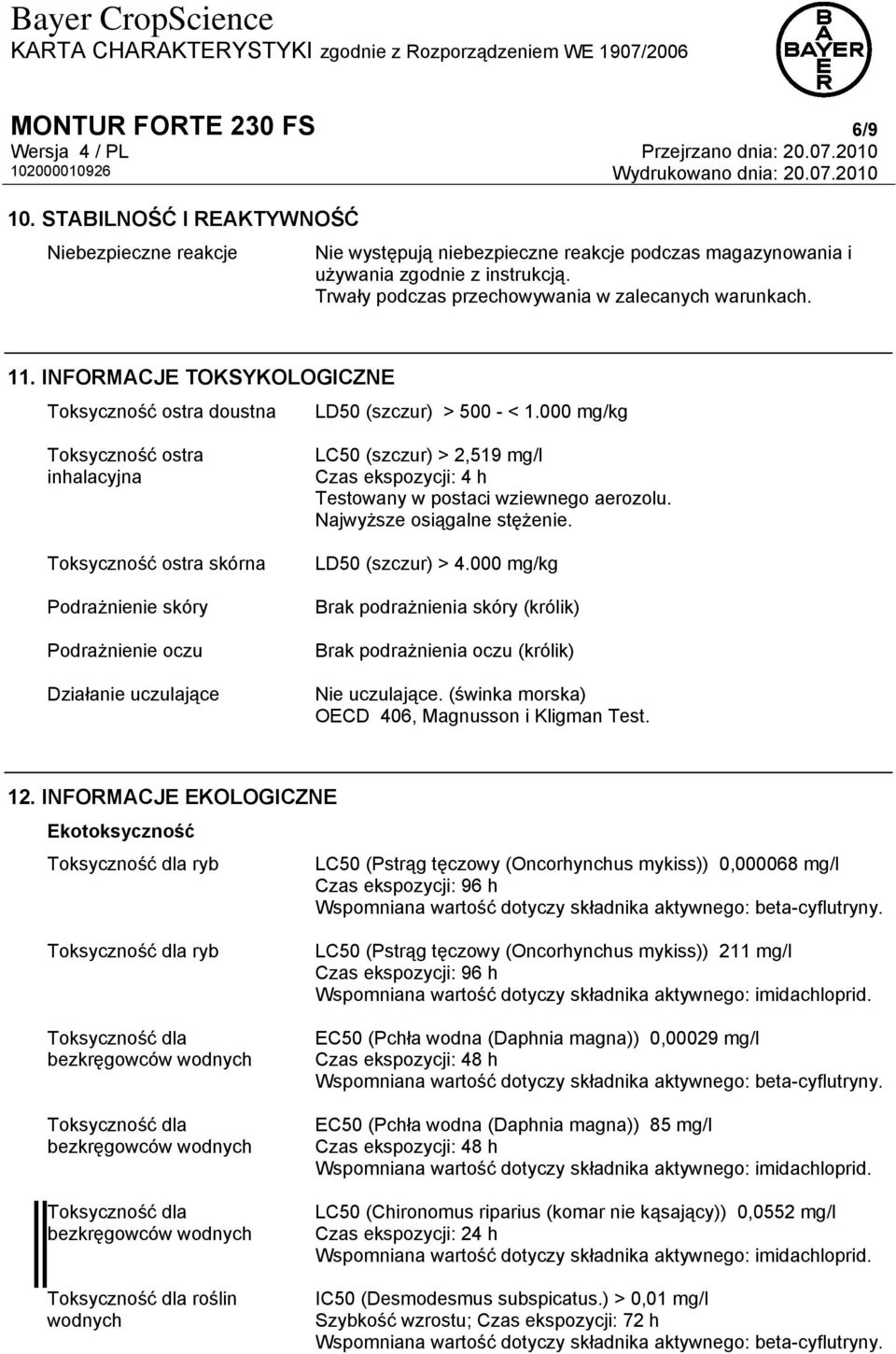 000 mg/kg Toksyczność ostra inhalacyjna Toksyczność ostra skórna Podrażnienie skóry Podrażnienie oczu Działanie uczulające LC50 (szczur) > 2,519 mg/l Czas ekspozycji: 4 h Testowany w postaci