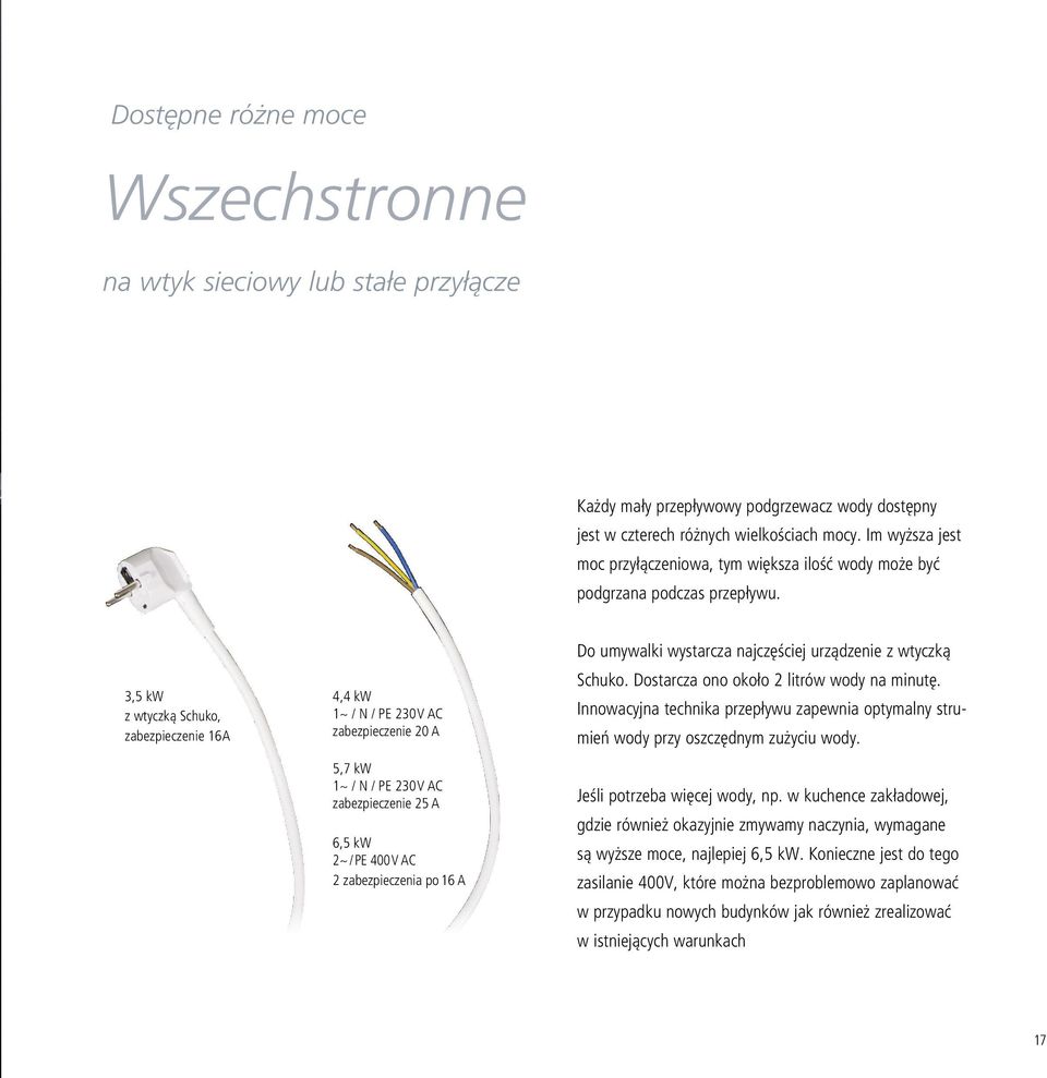 3,5 kw z wtyczką Schuko, zabezpieczenie 16A 4,4 kw 1~ / N / PE 230 V AC zabezpieczenie 20 A 5,7 kw 1~ / N / PE 230 V AC zabezpieczenie 25 A 6,5 kw 2~ / PE 400 V AC 2 zabezpieczenia po 16 A Do