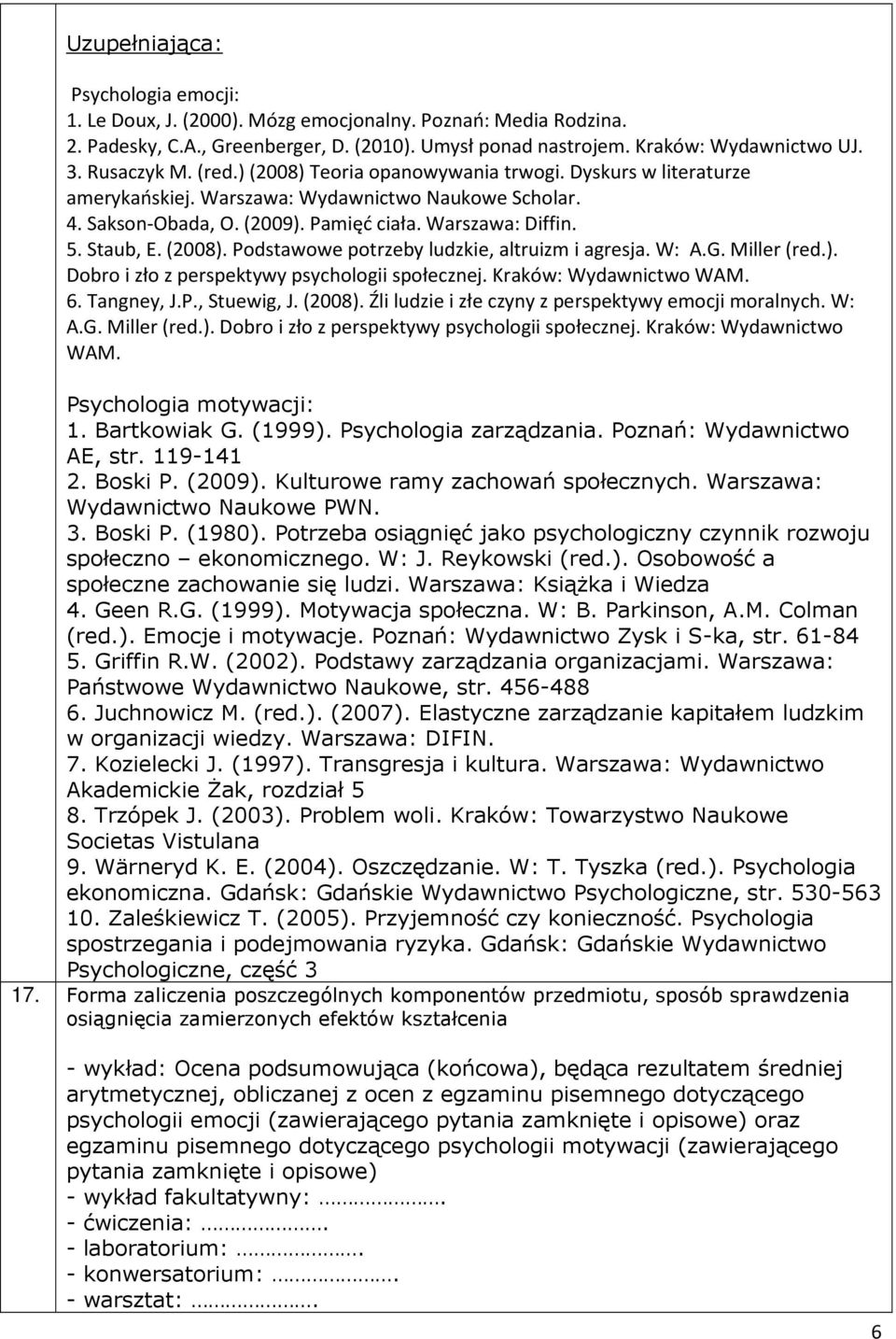 Staub, E. (2008). Podstawowe potrzeby ludzkie, altruizm i agresja. W: A.G. Miller (red.). Dobro i zło z perspektywy psychologii społecznej. Kraków: Wydawnictwo WAM. 6. Tangney, J.P., Stuewig, J.