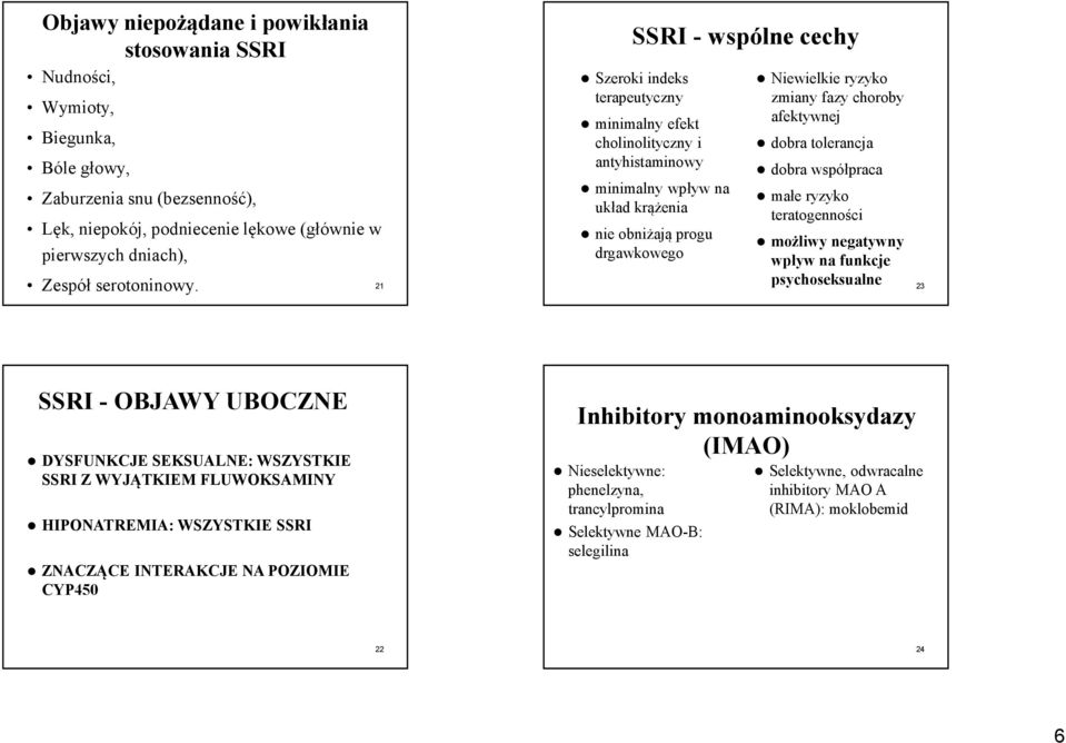 21 SSRI - wspólne cechy Szeroki indeks terapeutyczny minimalny efekt cholinolityczny i antyhistaminowy minimalny wpływ na układ krążenia nie obniżają progu drgawkowego Niewielkie ryzyko zmiany fazy