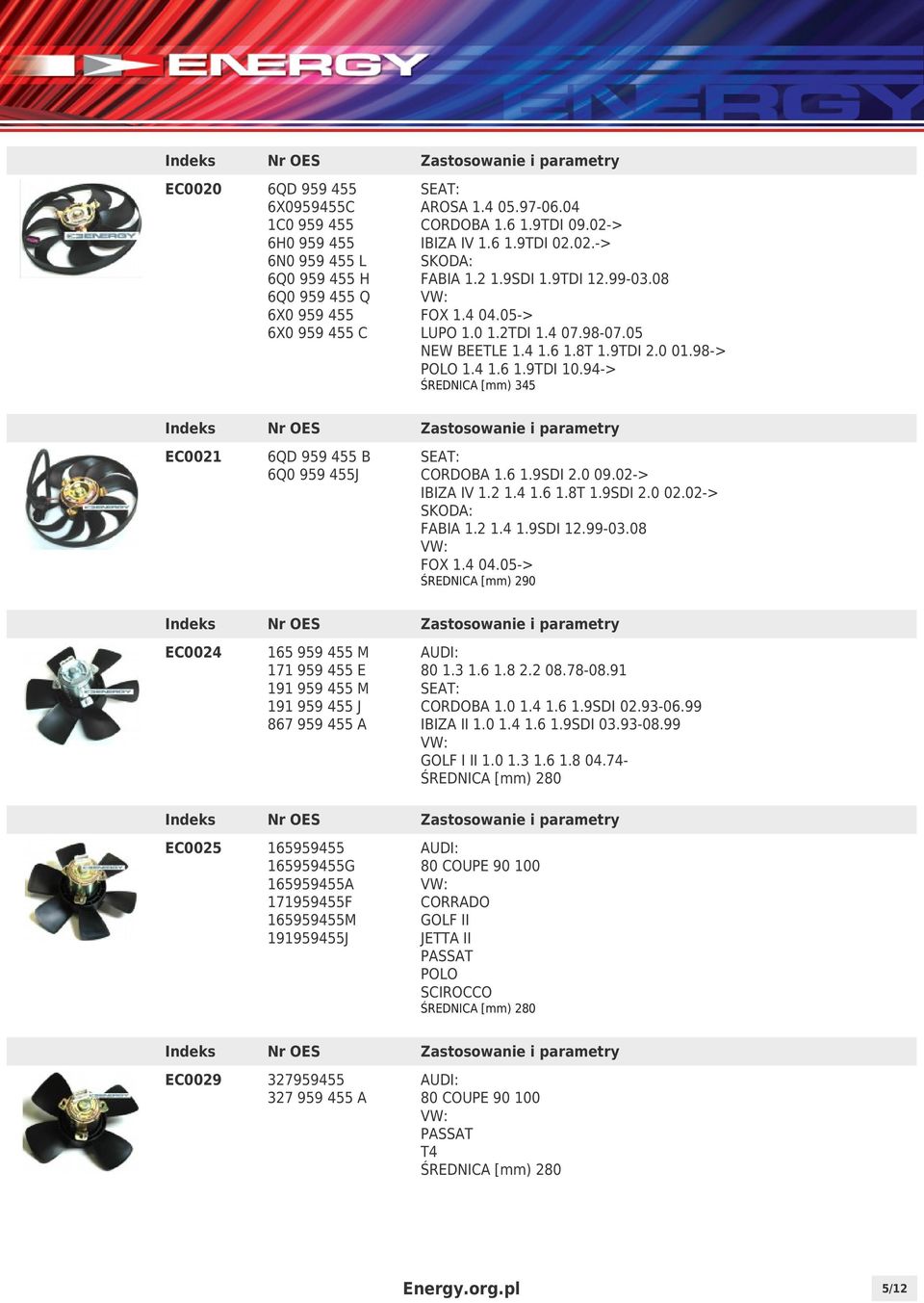 94-> ŚREDNICA [mm) 345 EC0021 6QD 959 455 B 6Q0 959 455J CORDOBA 1.6 1.9SDI 2.0 09.02-> IBIZA IV 1.2 1.4 1.6 1.8T 1.9SDI 2.0 02.02-> FABIA 1.2 1.4 1.9SDI 12.99-03.08 FOX 1.4 04.