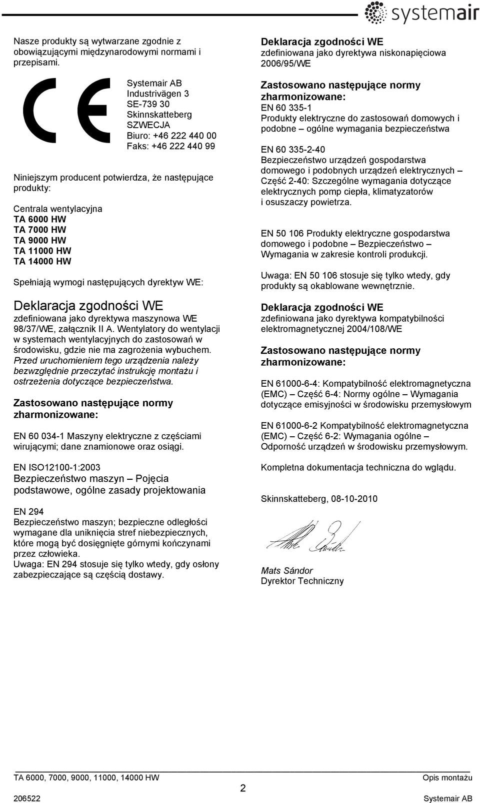 7000 HW TA 9000 HW TA 11000 HW TA 14000 HW Spełniają wymogi następujących dyrektyw WE: Deklaracja zgodności WE zdefiniowana jako dyrektywa maszynowa WE 98/37/WE, załącznik II A.