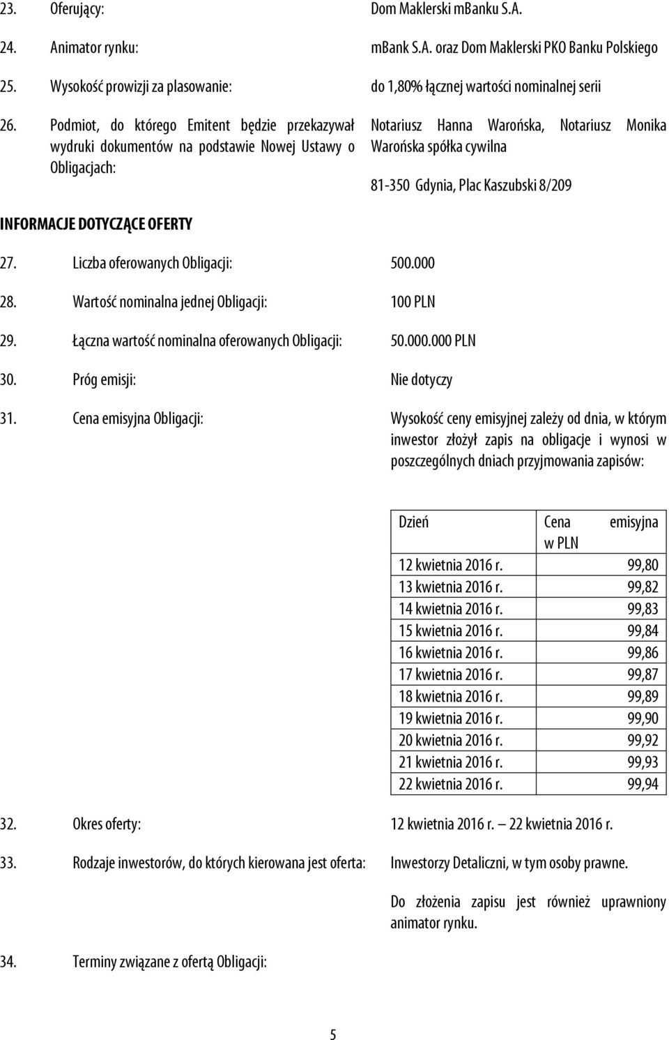 Kaszubski 8/209 INFORMACJE DOTYCZĄCE OFERTY 27. Liczba oferowanych Obligacji: 500.000 28. Wartość nominalna jednej Obligacji: 100 PLN 29. Łączna wartość nominalna oferowanych Obligacji: 50.000.000 PLN 30.