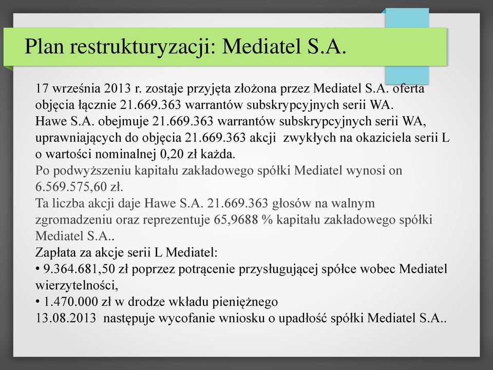 Po podwyższeniu kapitału zakładowego spółki Mediatel wynosi on 6.569.575,60 zł. Ta liczba akcji daje Hawe S.A. 21.669.