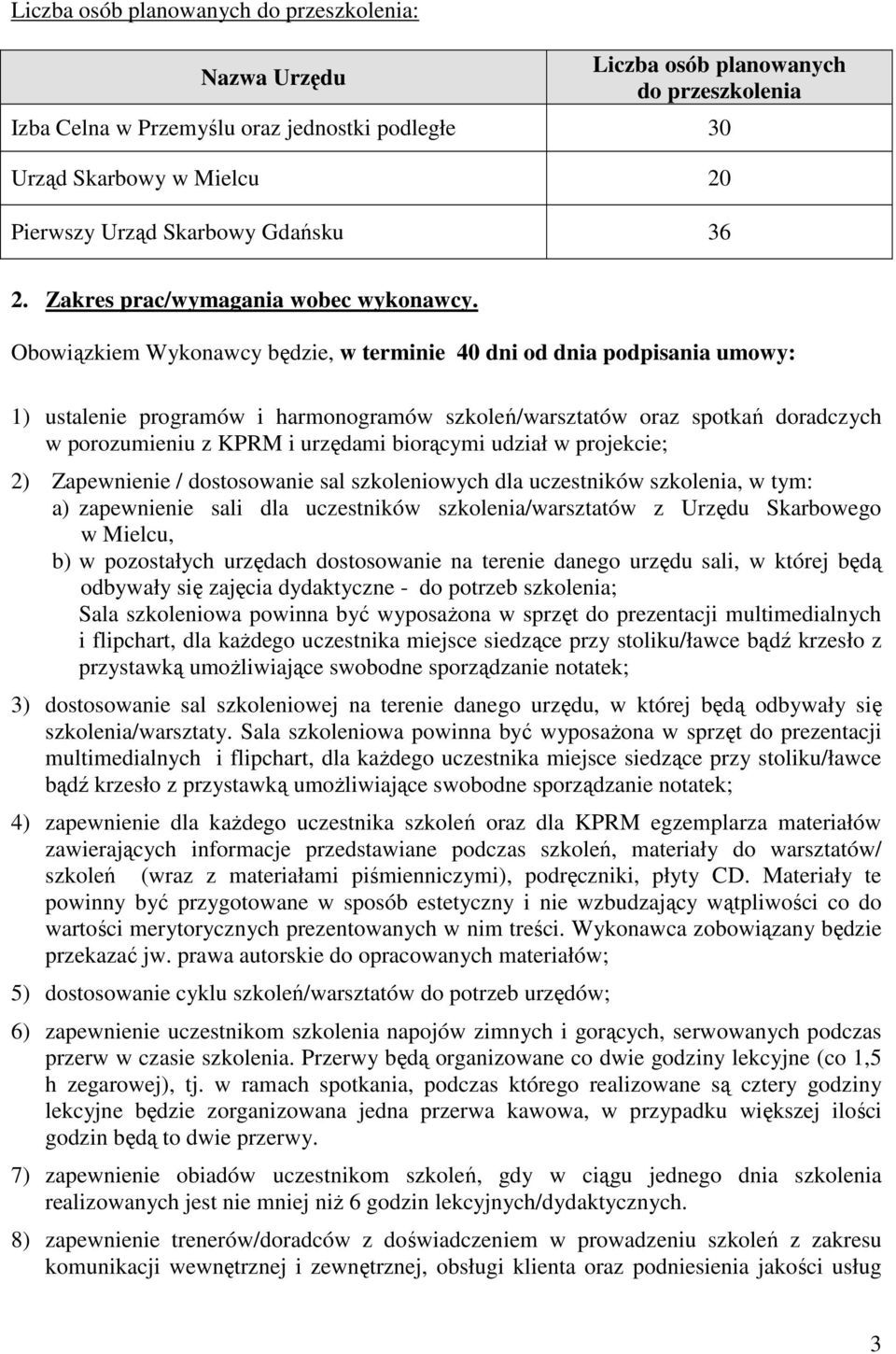 Obowiązkiem Wykonawcy będzie, w terminie 40 dni od dnia podpisania umowy: 1) ustalenie programów i harmonogramów szkoleń/warsztatów oraz spotkań doradczych w porozumieniu z KPRM i urzędami biorącymi