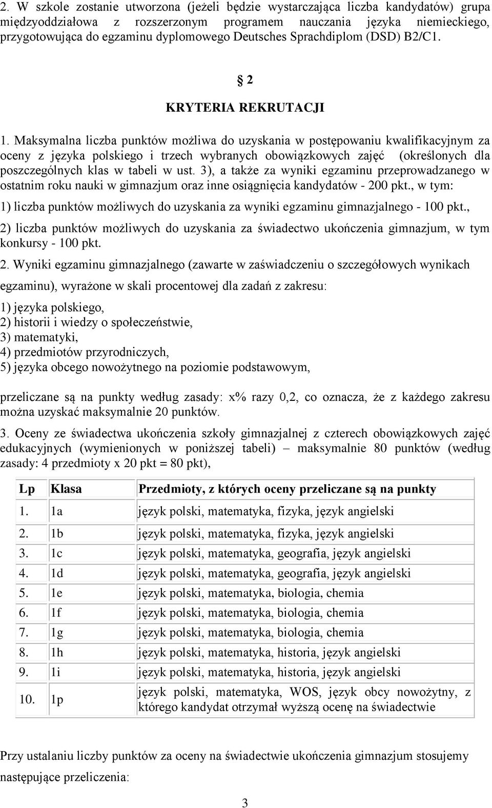 Maksymalna liczba punktów możliwa do uzyskania w postępowaniu kwalifikacyjnym za oceny z języka polskiego i trzech wybranych obowiązkowych zajęć (określonych dla poszczególnych klas w tabeli w ust.