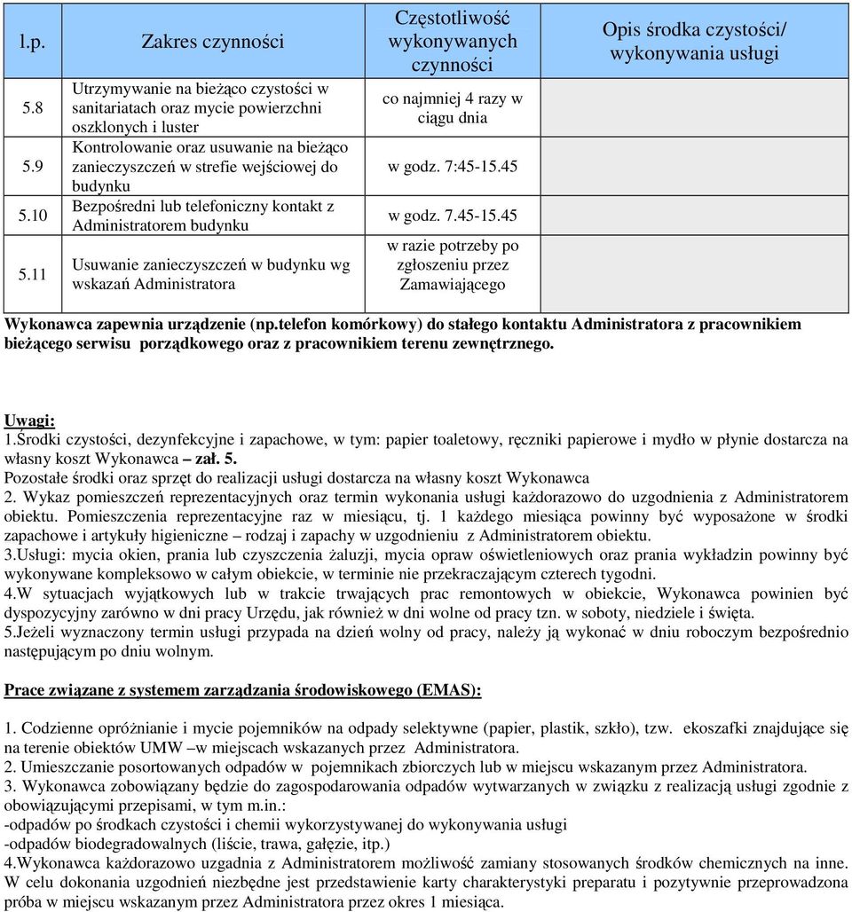 Bezpośredni lub telefoniczny kontakt z Administratorem budynku Usuwanie zanieczyszczeń w budynku wg wskazań Administratora Częstotliwość wykonywanych czynności co najmniej 4 razy w ciągu dnia w godz.