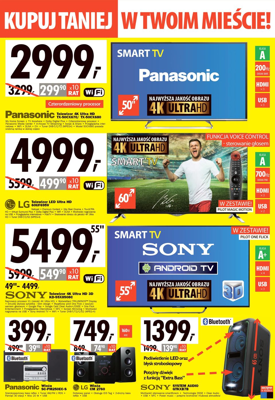 internetowa WiFi DLN CI+ Tuner DVB-T/C/T2 (MPEG4) Model 50CX680 posiada srebrną ramkę w dolnej części 49, 55, 4 FUNKCJ VOICE CONTROL - sterowanie głosem 700Hz 90 EKRN PMI 60" Telewizor LED Ultra HD