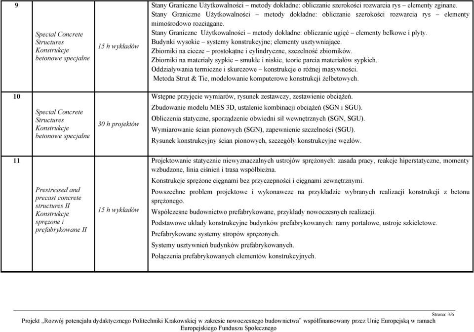 Stany Graniczne Użytkowalności metody dokładne: obliczanie ugięć elementy belkowe i płyty. Budynki wysokie systemy konstrukcyjne; elementy usztywniające.