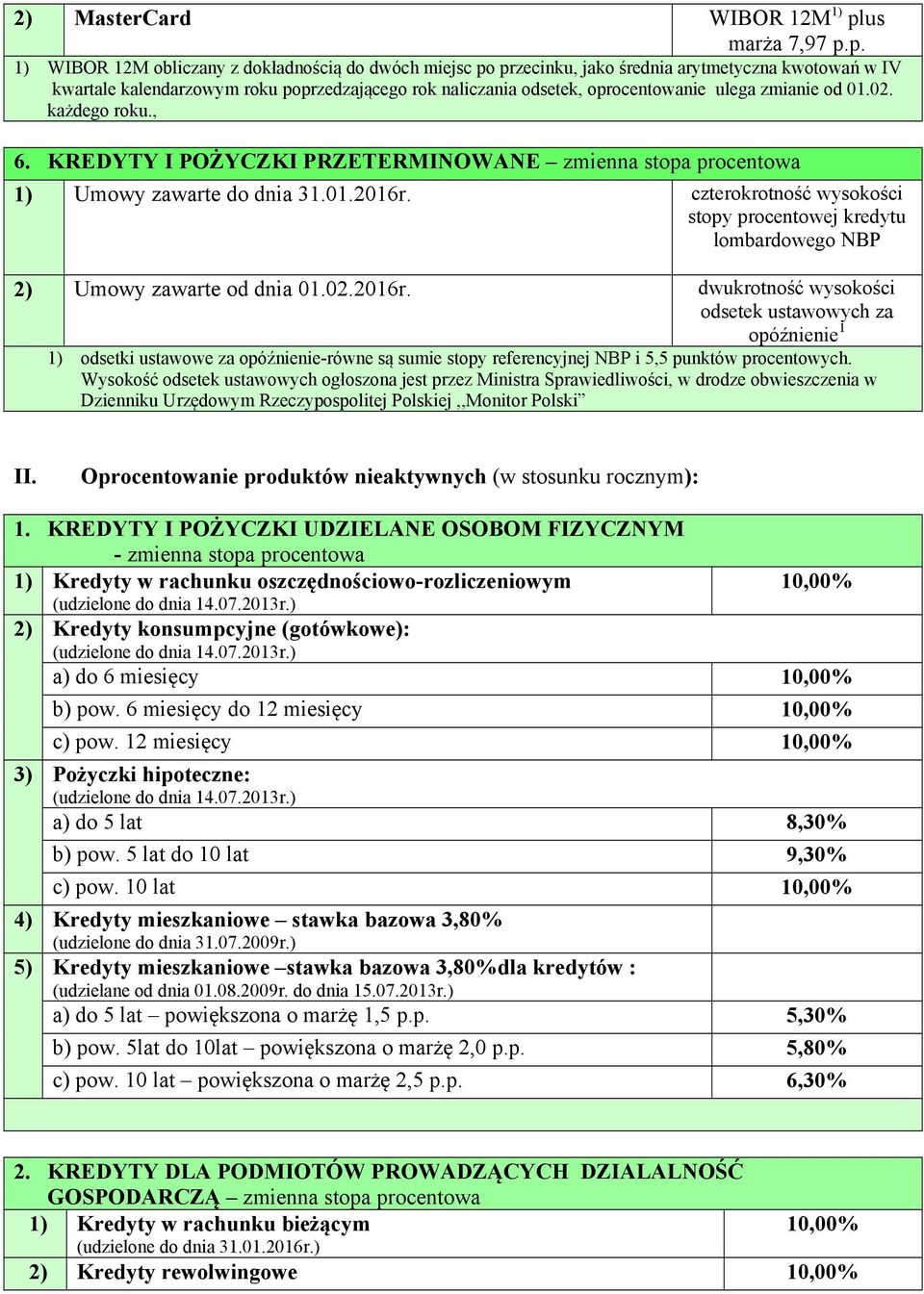 p. 1) WIBOR 12M obliczany z dokładnością do dwóch miejsc po przecinku, jako średnia arytmetyczna kwotowań w IV kwartale kalendarzowym roku poprzedzającego rok naliczania odsetek, oprocentowanie ulega