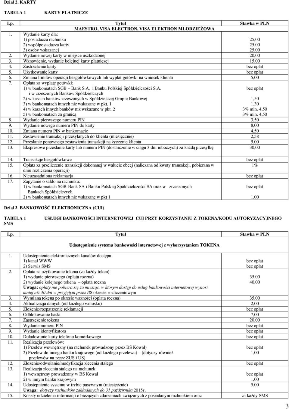 Zmiana limitów operacji bezgotówkowych lub wypłat gotówki na wniosek klienta 5,00 7. Opłata za wypłatę gotówki: 1) w bankomatach SGB Bank S.A.