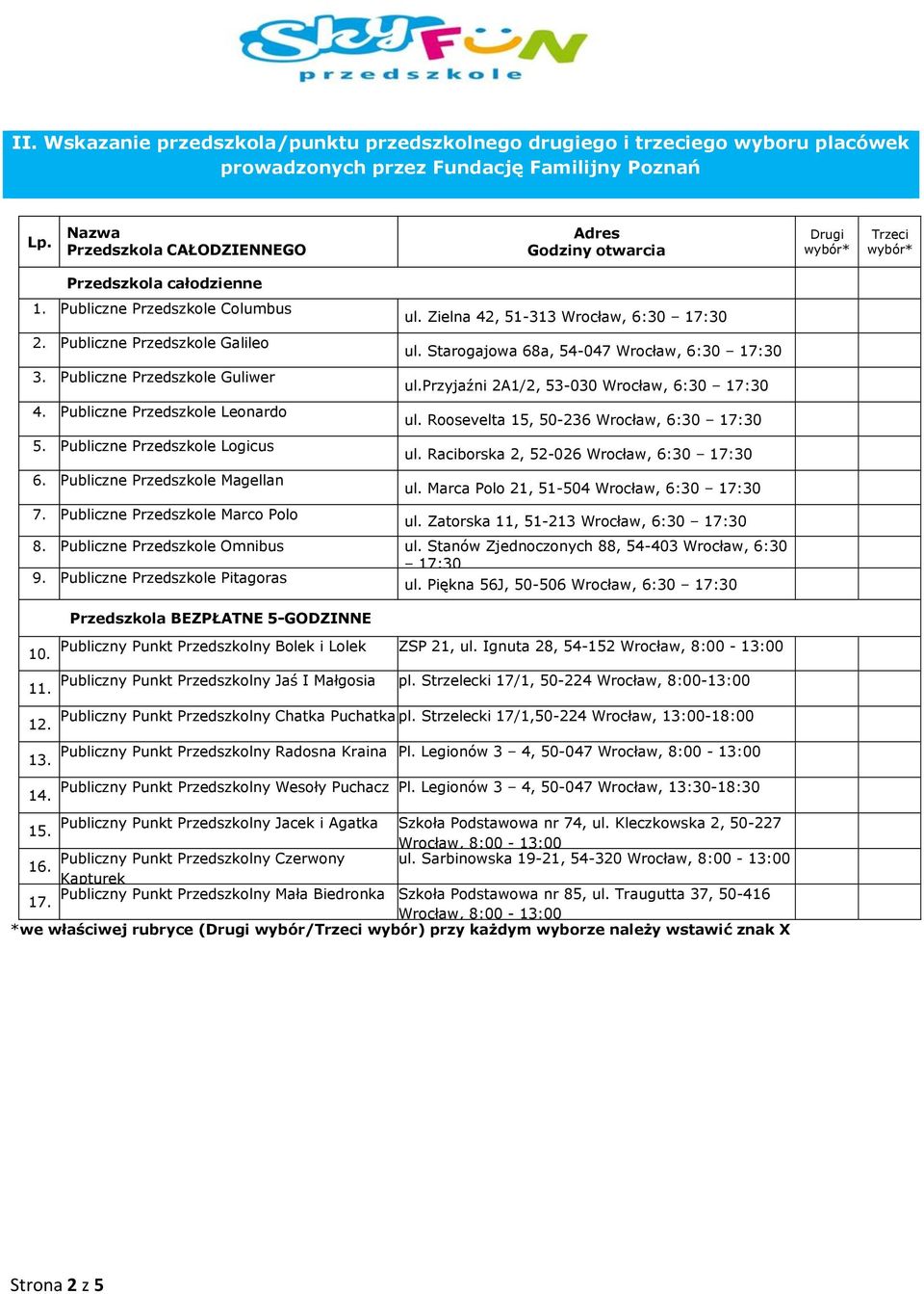 Publiczne Przedszkole Guliwer 4. Publiczne Przedszkole Leonardo 5. Publiczne Przedszkole Logicus 6. Publiczne Przedszkole Magellan 7. Publiczne Przedszkole Marco Polo ul.