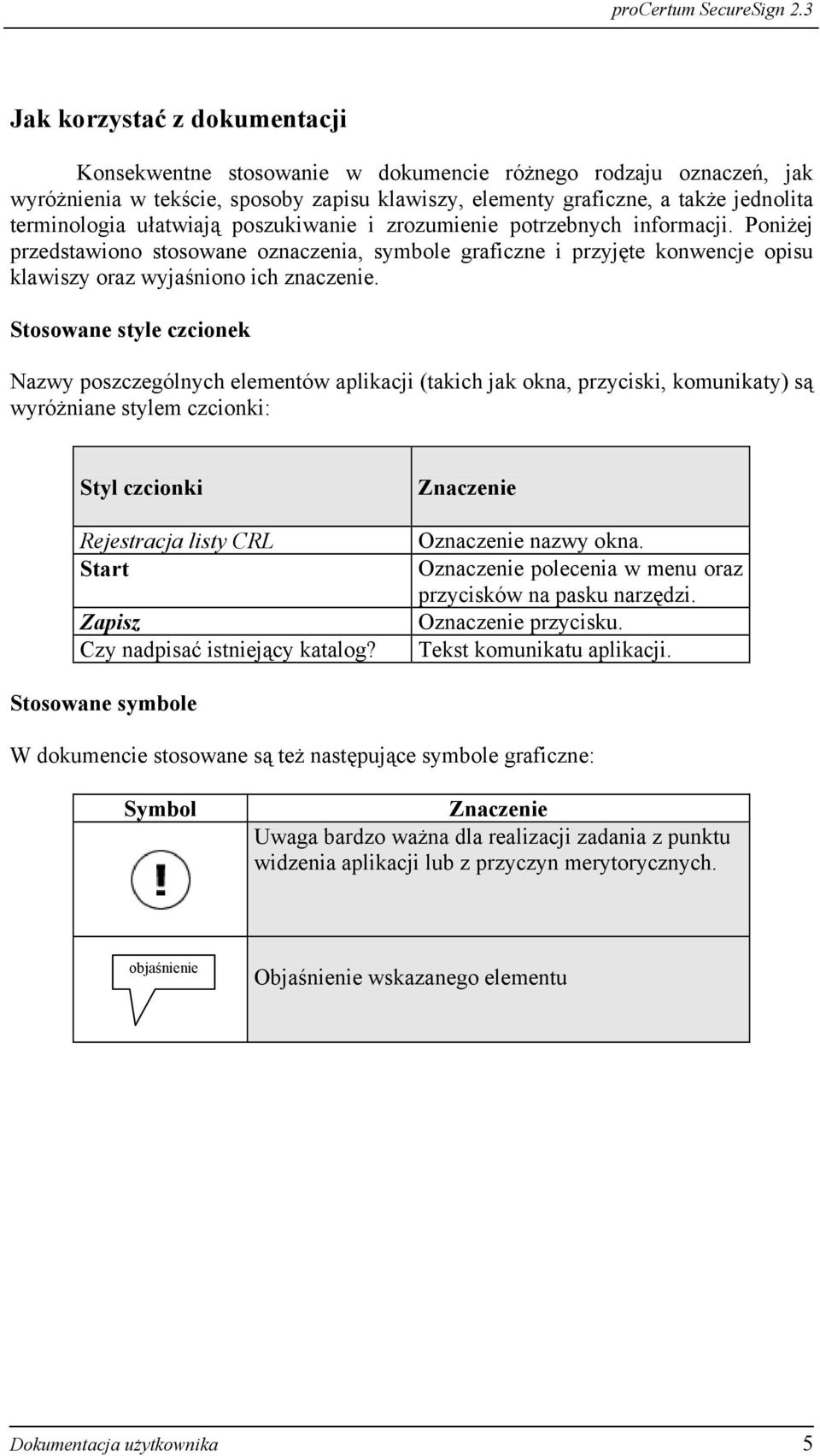 Stosowane style czcionek Nazwy poszczególnych elementów aplikacji (takich jak okna, przyciski, komunikaty) są wyróżniane stylem czcionki: Styl czcionki Rejestracja listy CRL Start Zapisz Czy nadpisać