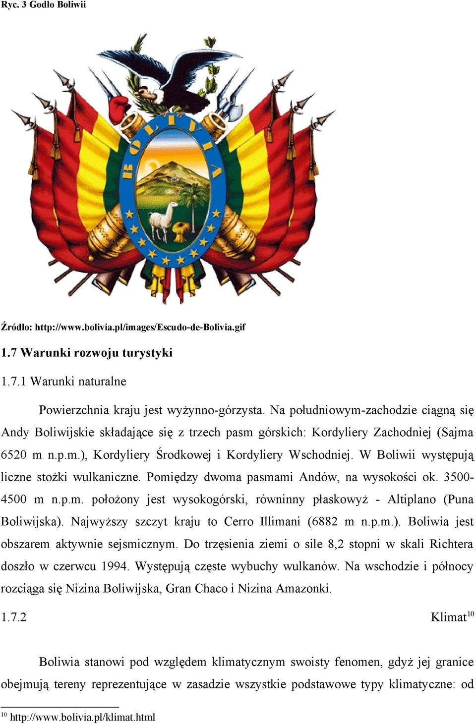 W Boliwii występują liczne stożki wulkaniczne. Pomiędzy dwoma pasmami Andów, na wysokości ok. 3500-4500 m n.p.m. położony jest wysokogórski, równinny płaskowyż - Altiplano (Puna Boliwijska).
