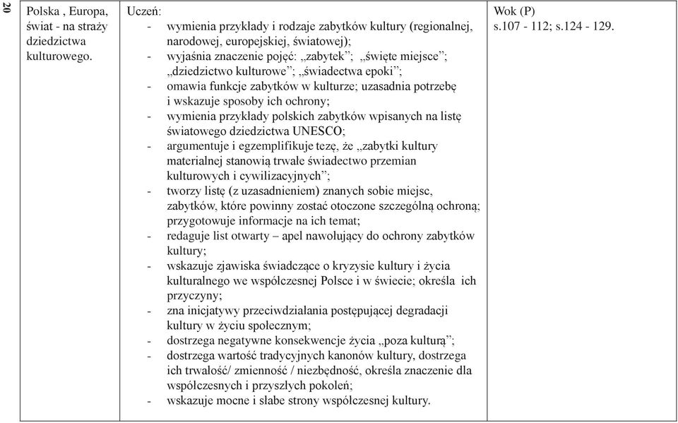 funkcje zabytków w kulturze; uzasadnia potrzebę i wskazuje sposoby ich ochrony; wymienia przykłady polskich zabytków wpisanych na listę światowego dziedzictwa UNESCO; argumentuje i egzemplifikuje