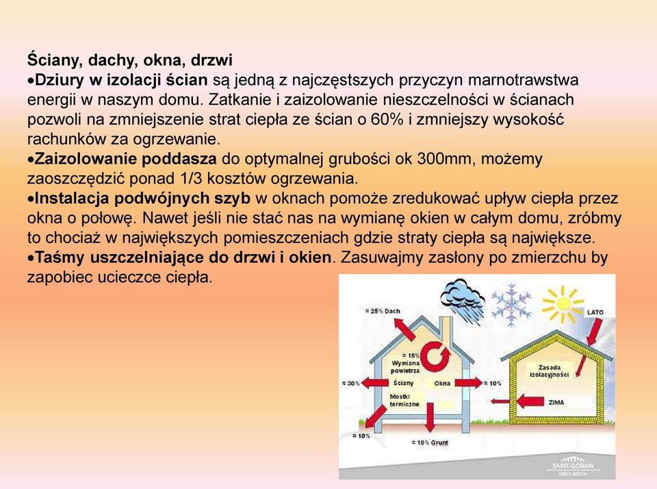 Zaizolowanie poddasza do optymalnej grubości ok 300mm, możemy zaoszczędzić ponad 1/3 kosztów ogrzewania.