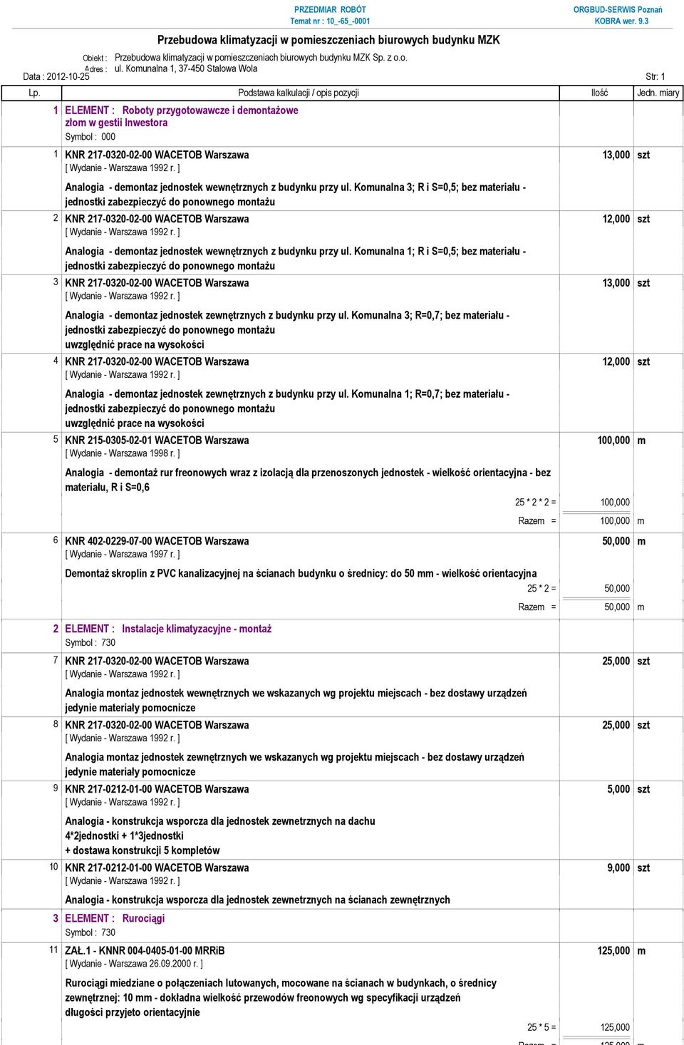 wewnętrznych z budynku przy ul. Komunalna 3; R i S=0,5; bez materiału - 2 KNR 217-0320-02-00 WACETOB Warszawa 12,000 szt Analogia - demontaz jednostek wewnętrznych z budynku przy ul.