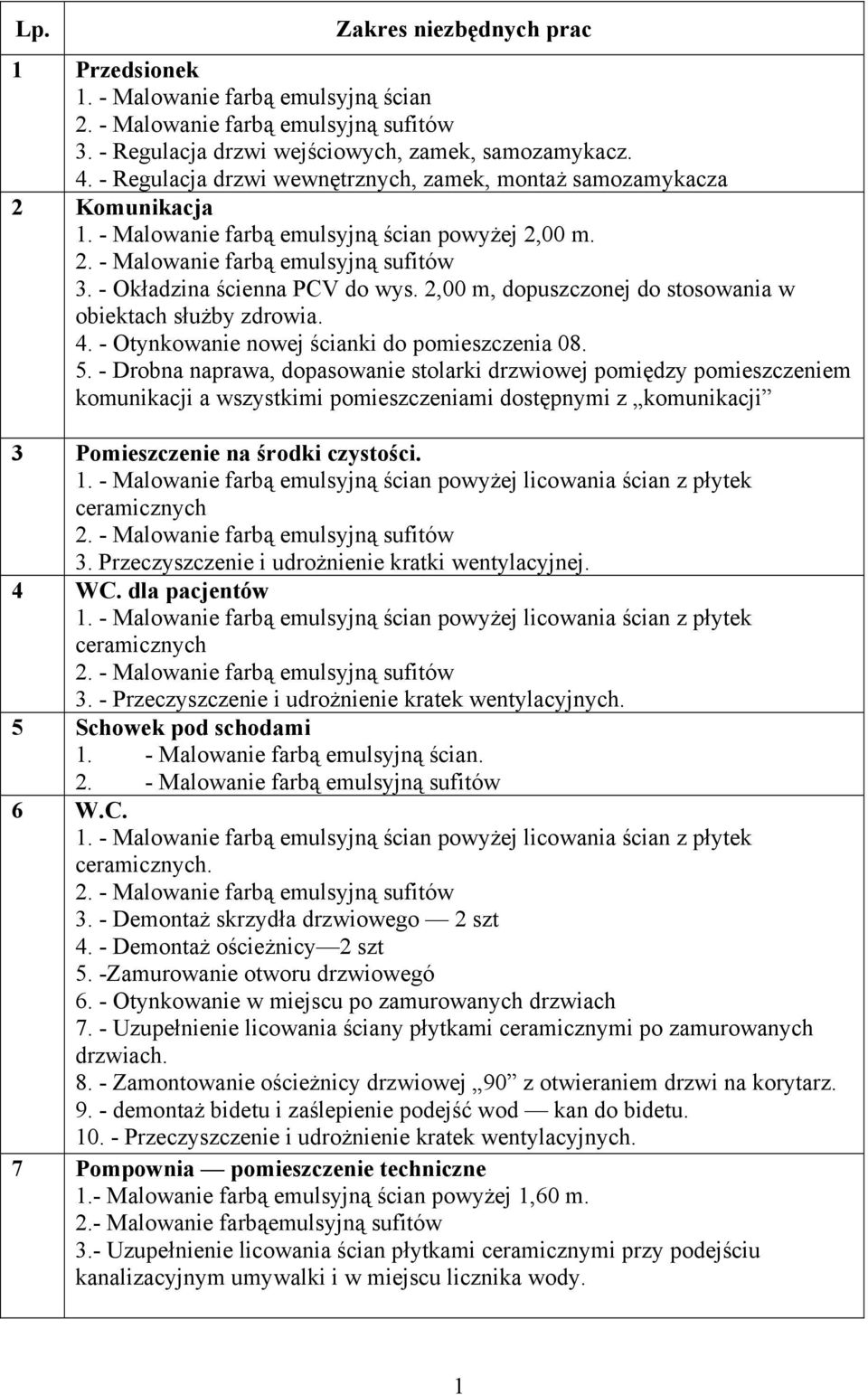 2,00 m, dopuszczonej do stosowania w obiektach służby zdrowia. 4. - Otynkowanie nowej ścianki do pomieszczenia 08. 5.