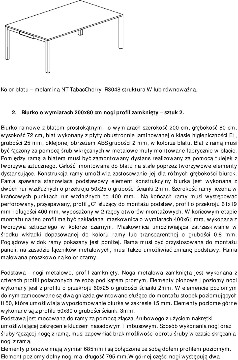 obrzeżem ABS grubości 2 mm, w kolorze blatu. Blat z ramą musi być łączony za pomocą śrub wkręcanych w metalowe mufy montowane fabrycznie w blacie.