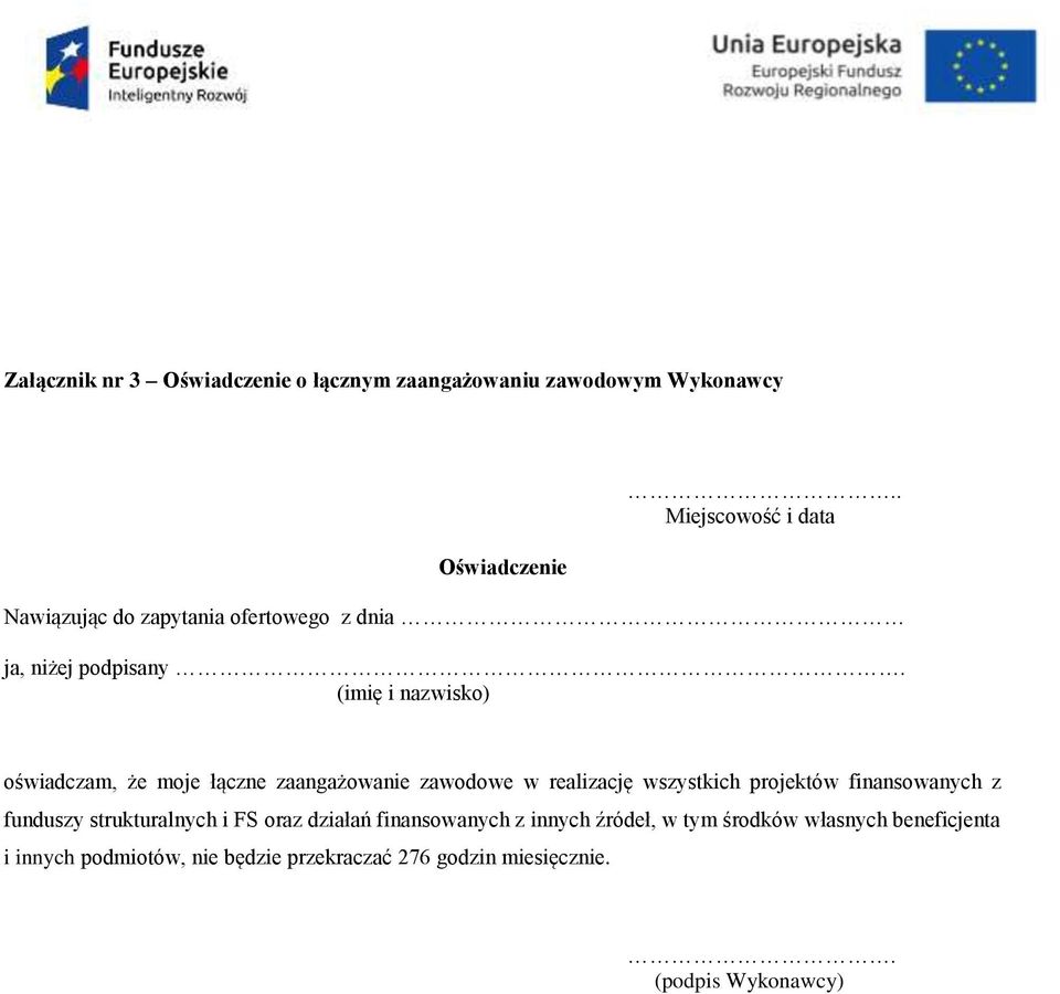 (imię i nazwisko) oświadczam, że moje łączne zaangażowanie zawodowe w realizację wszystkich projektów finansowanych z