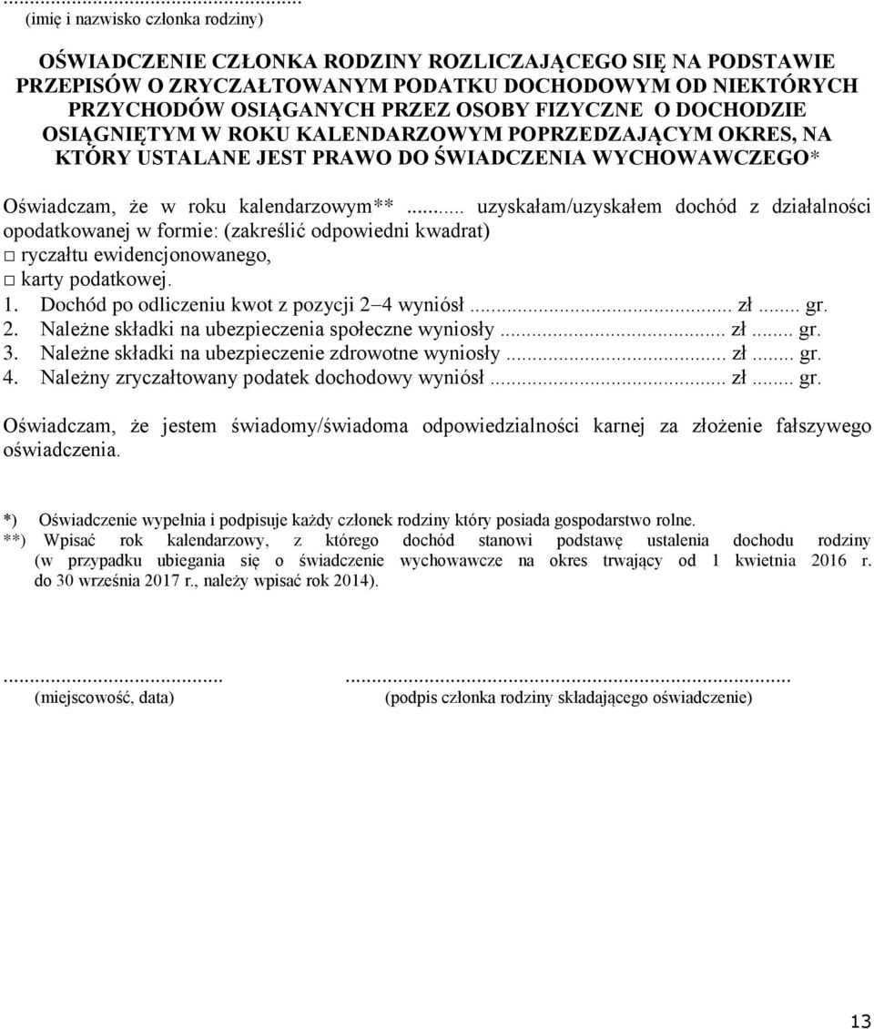 .. uzyskałam/uzyskałem dochód z działalności opodatkowanej w formie: (zakreślić odpowiedni kwadrat) ryczałtu ewidencjonowanego, karty podatkowej. 1. Dochód po odliczeniu kwot z pozycji 2 4 wyniósł.