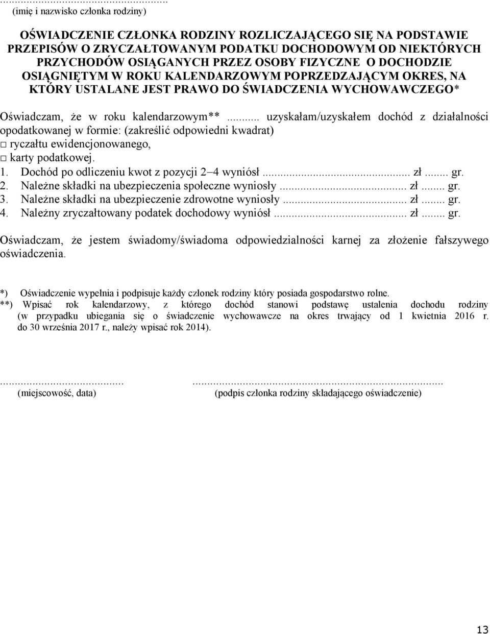 .. uzyskałam/uzyskałem dochód z działalności opodatkowanej w formie: (zakreślić odpowiedni kwadrat) ryczałtu ewidencjonowanego, karty podatkowej. 1. Dochód po odliczeniu kwot z pozycji 2 4 wyniósł.