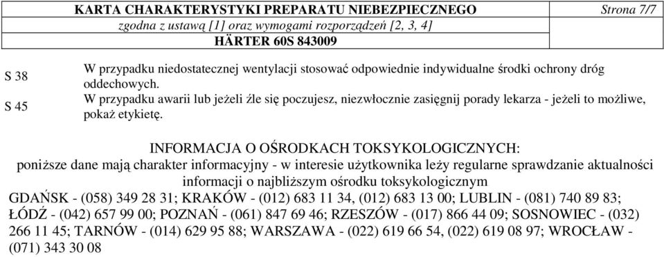INFORMACJA O OŚRODKACH TOKSYKOLOGICZNYCH: poniŝsze dane mają charakter informacyjny - w interesie uŝytkownika leŝy regularne sprawdzanie aktualności informacji o najbliŝszym ośrodku toksykologicznym