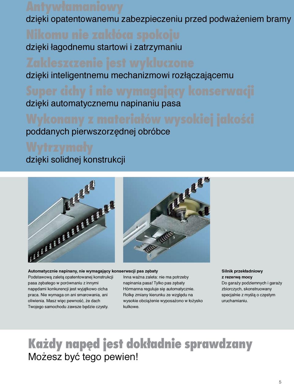 solidnej konstrukcji Automatycznie napinany, nie wymagający konserwacji pas zębaty Podstawową zaletą opatentowanej konstrukcji pasa zębatego w porównaniu z innymi napędami konkurencji jest wyjątkowo