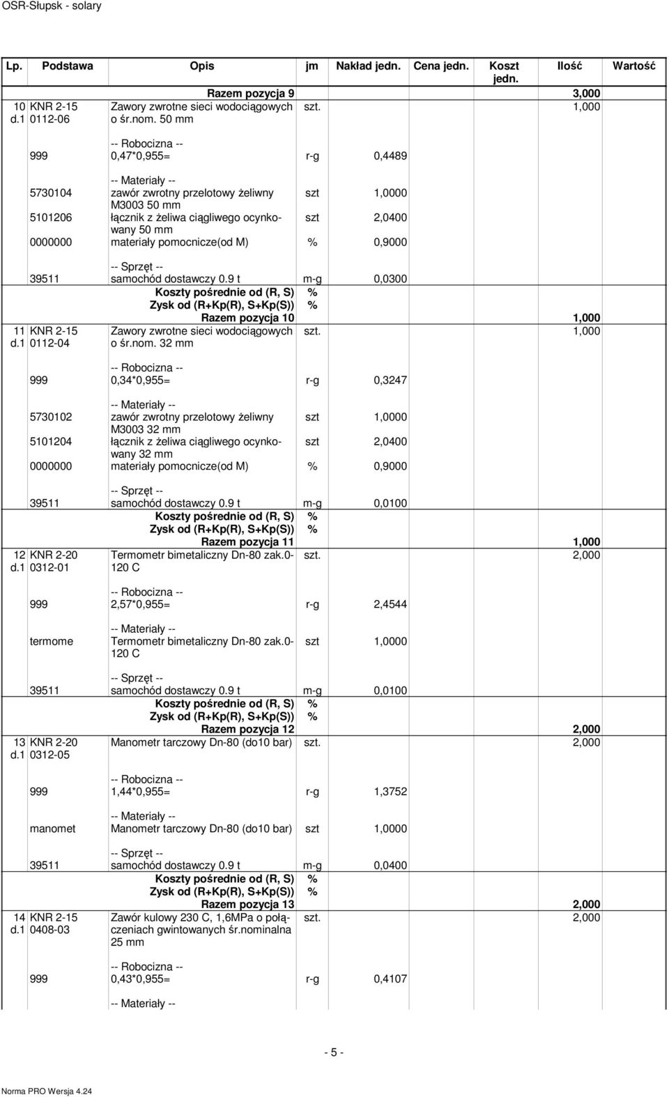 9 t m-g 0,0300 11 KNR 2-15 d.1 0112-04 Razem pozycja 10 1,000 1,000 Zawory zwrotne sieci wodociągowych o śr.nom.