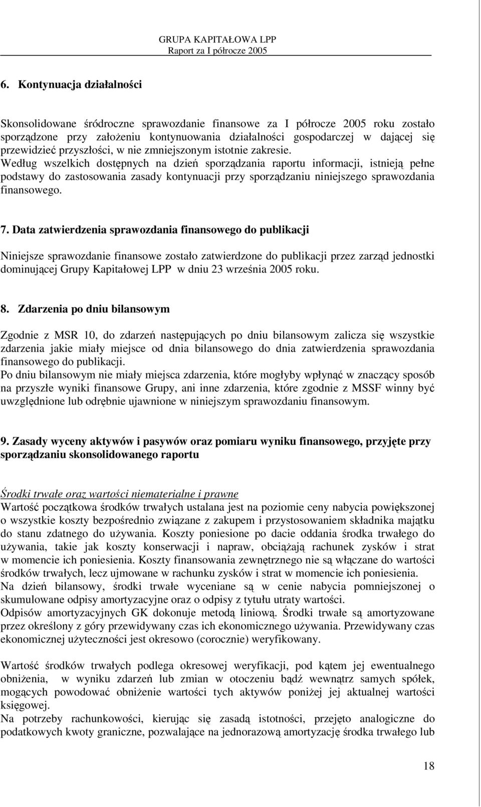 Według wszelkich dostpnych na dzie sporzdzania raportu informacji, istniej pełne podstawy do zastosowania zasady kontynuacji przy sporzdzaniu niniejszego sprawozdania finansowego. 7.