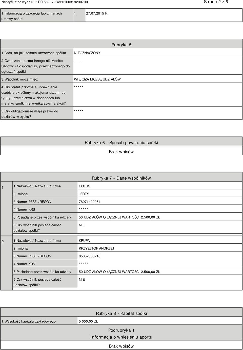 Czy statut przyznaje uprawnienia osobiste określonym akcjonariuszom lub tytuły uczestnictwa w dochodach lub majątku spółki nie wynikających z akcji? 5.