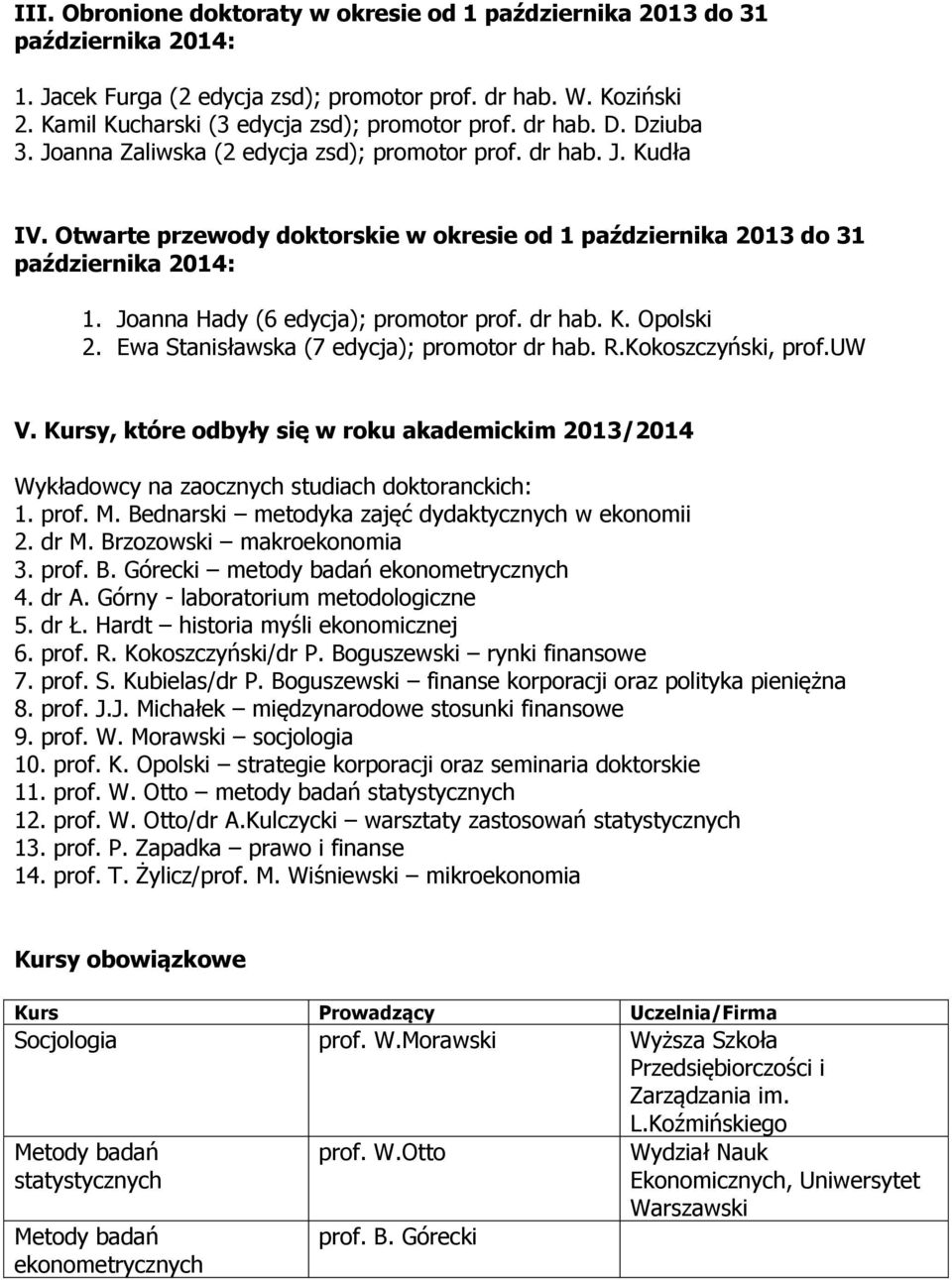 Joanna Hady (6 edycja); promotor prof. dr hab. K. Opolski 2. Ewa Stanisławska (7 edycja); promotor dr hab. R.Kokoszczyński, prof.uw V.