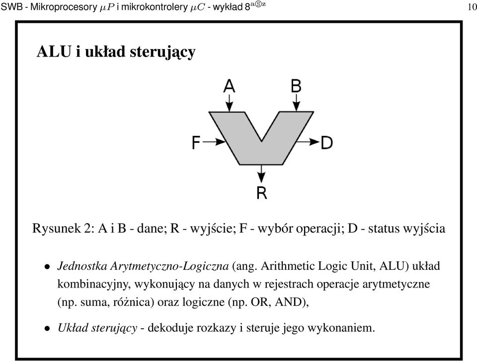 Arithmetic Logic Unit, ALU) układ kombinacyjny, wykonujący na danych w rejestrach operacje