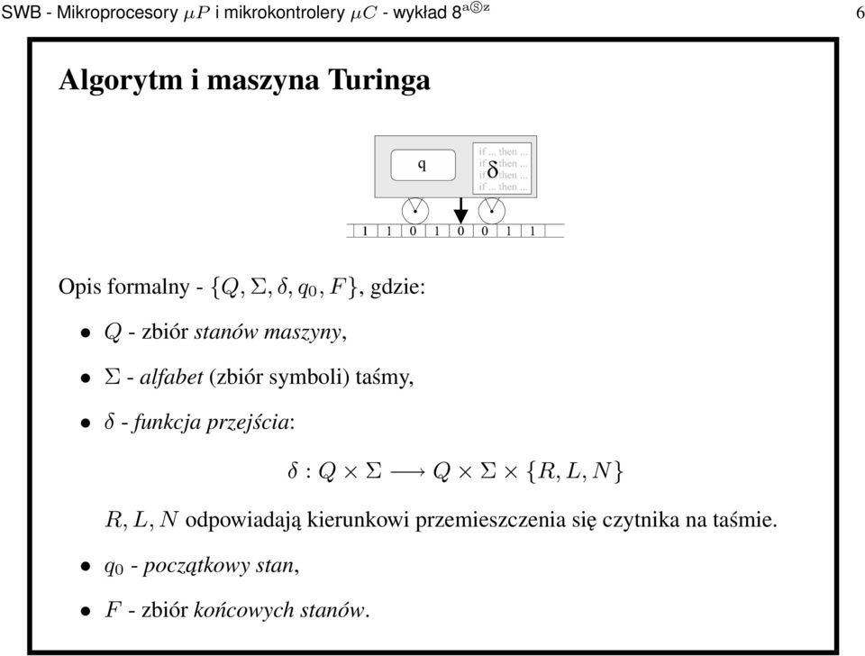symboli) taśmy, δ - funkcja przejścia: δ:q Σ Q Σ {R,L,N} R,L,N odpowiadają kierunkowi