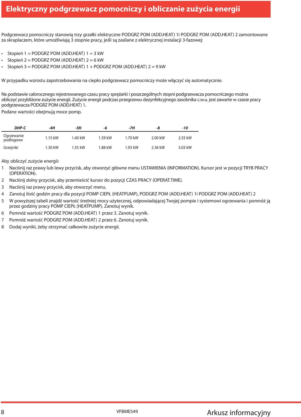 HT) 2 = kw Stopień 3 = POGRZ POM (.HT) 1 + POGRZ POM (.HT) 2 = 9 kw W przypadku wzrostu zapotrzebowania na ciepło podgrzewacz pomocniczy może włączyć się automatycznie.