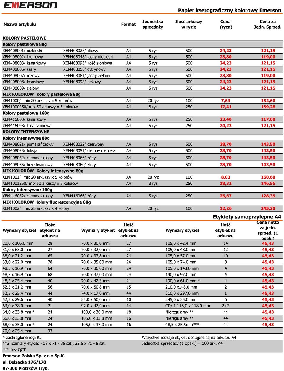 XEM408093/ kość słoniowa A4 5 ryz 500 24,23 121,15 XEM408006/ szary XEM408058/ cytrynowy A4 5 ryz 500 24,23 121,15 XEM408007/ różowy XEM408081/ jasny zielony A4 5 ryz 500 23,80 119,00 XEM408008/